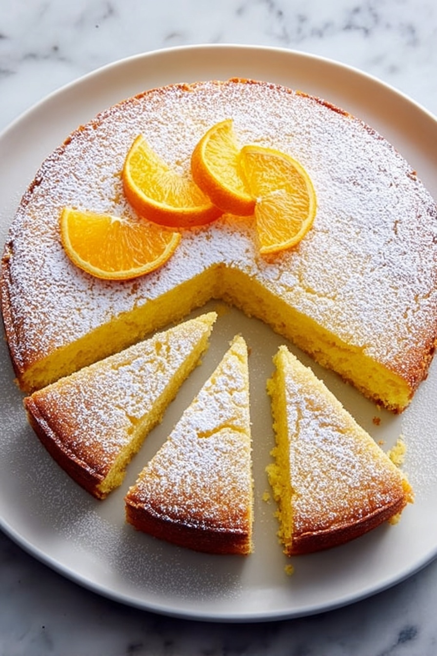 A round cake with a golden-brown crust sits on a white plate with a white marbled surface below. The cake is dusted evenly with powdered sugar and topped with three bright orange slices that show their juicy texture. One wedge of the cake is removed and slightly pulled out from the rest, revealing a soft, light yellow inside. The rest of the cake is cut into four more even wedges, all showing the same soft texture and golden crust. Photo taken with an iphone --ar 2:3 --v 7 - Orange Olive Oil Cake, citrus olive oil cake, moist orange cake, easy olive oil dessert, bright citrus cake