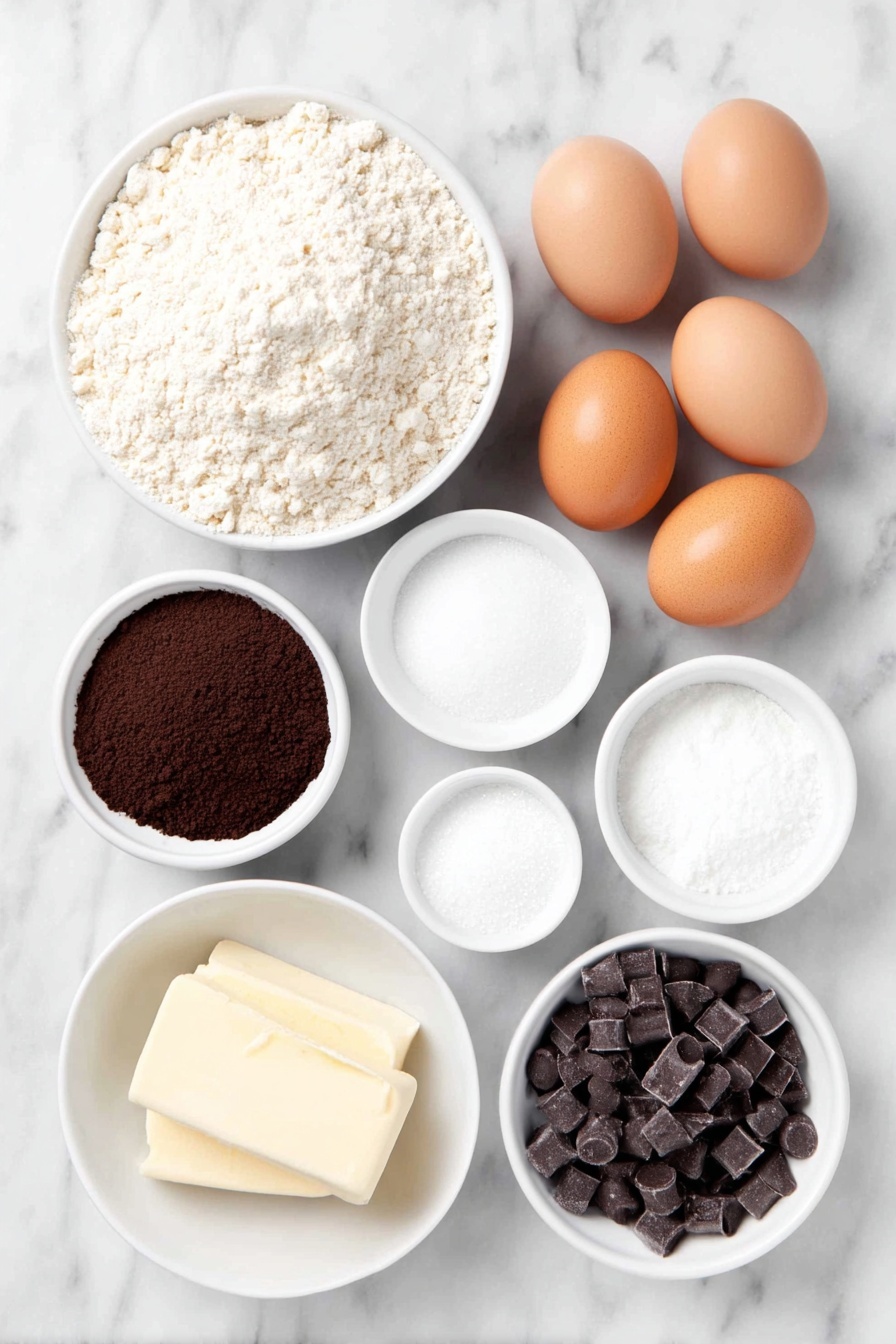 Flat lay of a small mound of finely ground almond flour, a small white ceramic bowl filled with cocoa powder, three whole uncracked brown eggs arranged neatly, a few tablespoons of softened pale yellow butter in a small white bowl, granulated sweetener visually resembling white sugar in a small white bowl, a small white bowl holding smooth baking powder, a tiny white bowl with fine salt, a small white bowl containing glossy semi-sweet chocolate chips, and a small white bowl of clear vanilla extract liquid, all perfectly symmetrical and balanced, placed on a clean white marble surface, soft natural light, photo taken with an iPhone, professional food photography style, fresh ingredients, white ceramic bowls, no bottles, no duplicates, no utensils, no packaging --ar 2:3 --v 7 --p m7354615311229779997 - Fudgy Almond Flour Brownies, gluten-free brownies, healthy chocolate dessert, easy almond flour brownies, decadent low-carb treats