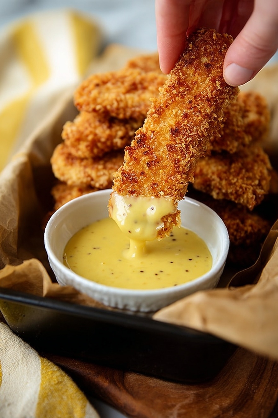 A woman's hand is dipping a golden brown, crispy breaded strip into a small white bowl filled with thick, creamy yellow sauce with small visible mustard seeds. The bowl is placed inside a black container lined with brown parchment paper, which holds more of the crunchy breaded strips stacked loosely. The background shows a white marbled texture with a soft blurred effect, and a yellow and white striped cloth is partly visible on the left side. photo taken with an iphone --ar 2:3 --v 7 - Saltine Crusted Chicken Tenders, Crispy Chicken Tenders with Saltines, Easy Saltine Chicken Tenders, Crunchy Chicken Recipe, Baked Saltine Chicken Tenders