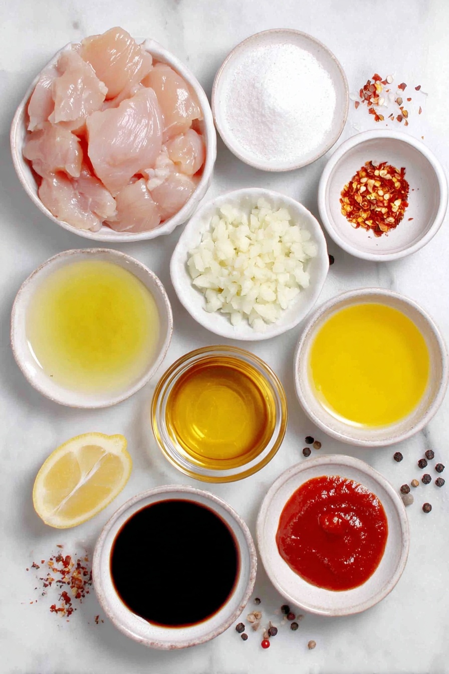 Flat lay of fresh raw chicken breasts cut into bite-size pieces arranged neatly, a small mound of fine white corn starch, a small white ceramic bowl filled with crushed garlic cloves, another small white bowl holding golden honey, a small white bowl with bright yellow lemon juice, a small white bowl containing dark soy sauce, a small white bowl with vibrant red hot sauce or sriracha, a small pat of creamy butter, a few scattered red pepper flakes, a sprinkle of salt crystals, a few whole black peppercorns, and a small white bowl of golden olive oil, all placed symmetrically on a clean white marble surface, soft natural light, photo taken with an iPhone, professional food photography style, fresh ingredients, white ceramic bowls, no bottles, no duplicates, no utensils, no packaging --ar 2:3 --v 7 --p m7354615311229779997 - Honey Garlic Chicken Bites, quick chicken dinner, easy chicken recipes, flavorful chicken stir-fry, weeknight chicken meal