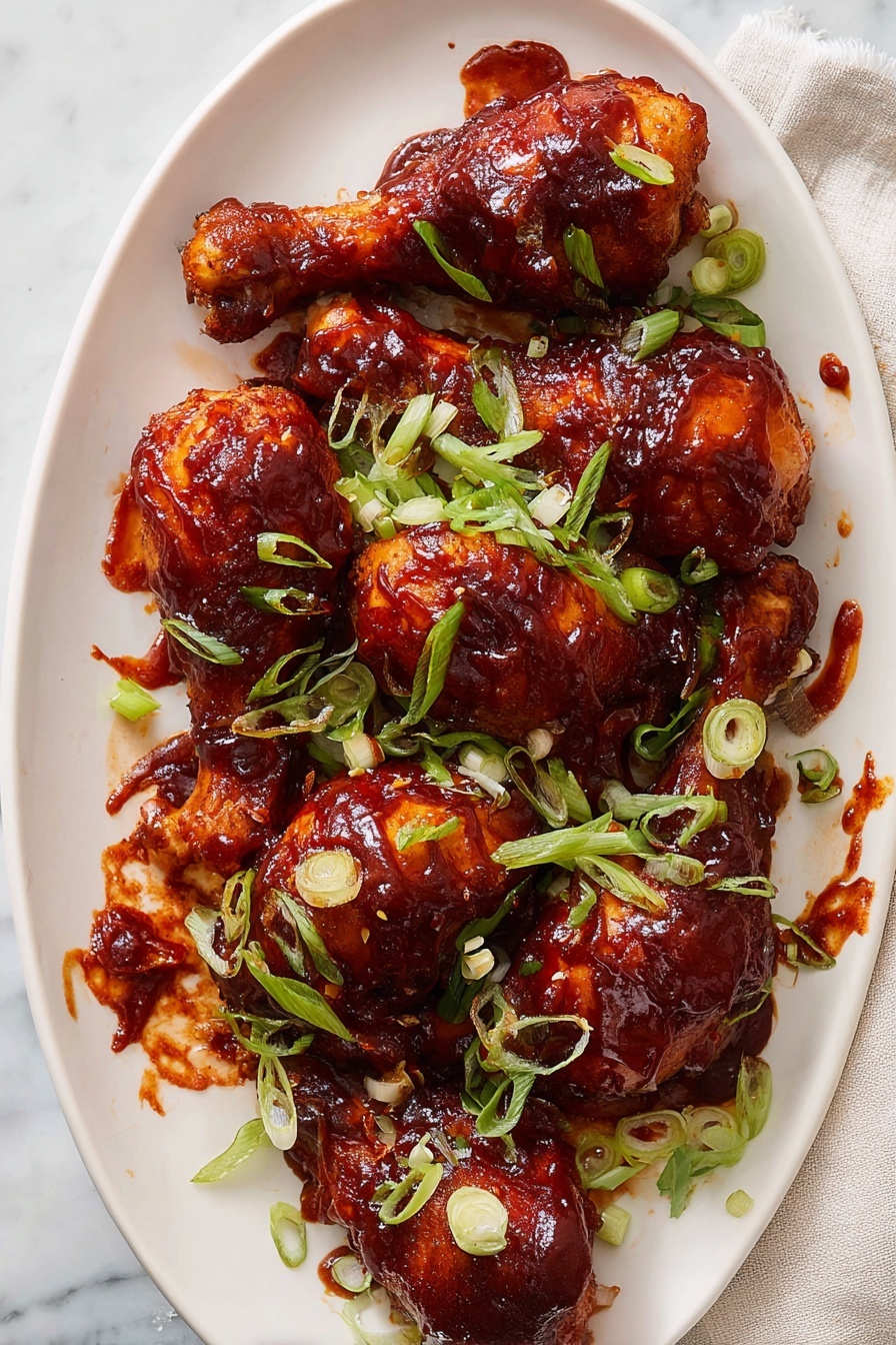 A white oval plate holds eight chicken drumsticks all covered in shiny dark red barbecue sauce with a sticky, rich look. The drumsticks are layered piled close together, showing the uneven texture of the cooked skin underneath the sauce. Bright green sliced scallions are spread over the chicken, adding fresh color and thin round shapes. Some sauce has dripped onto the plate edges. The plate sits on a white marbled surface, and there is a bit of a light cloth visible at the top right corner. Photo taken with an iphone --ar 2:3 --v 7 - Baked BBQ Chicken Drumsticks, baked BBQ chicken, easy BBQ drumsticks, homemade BBQ chicken, oven baked chicken recipes