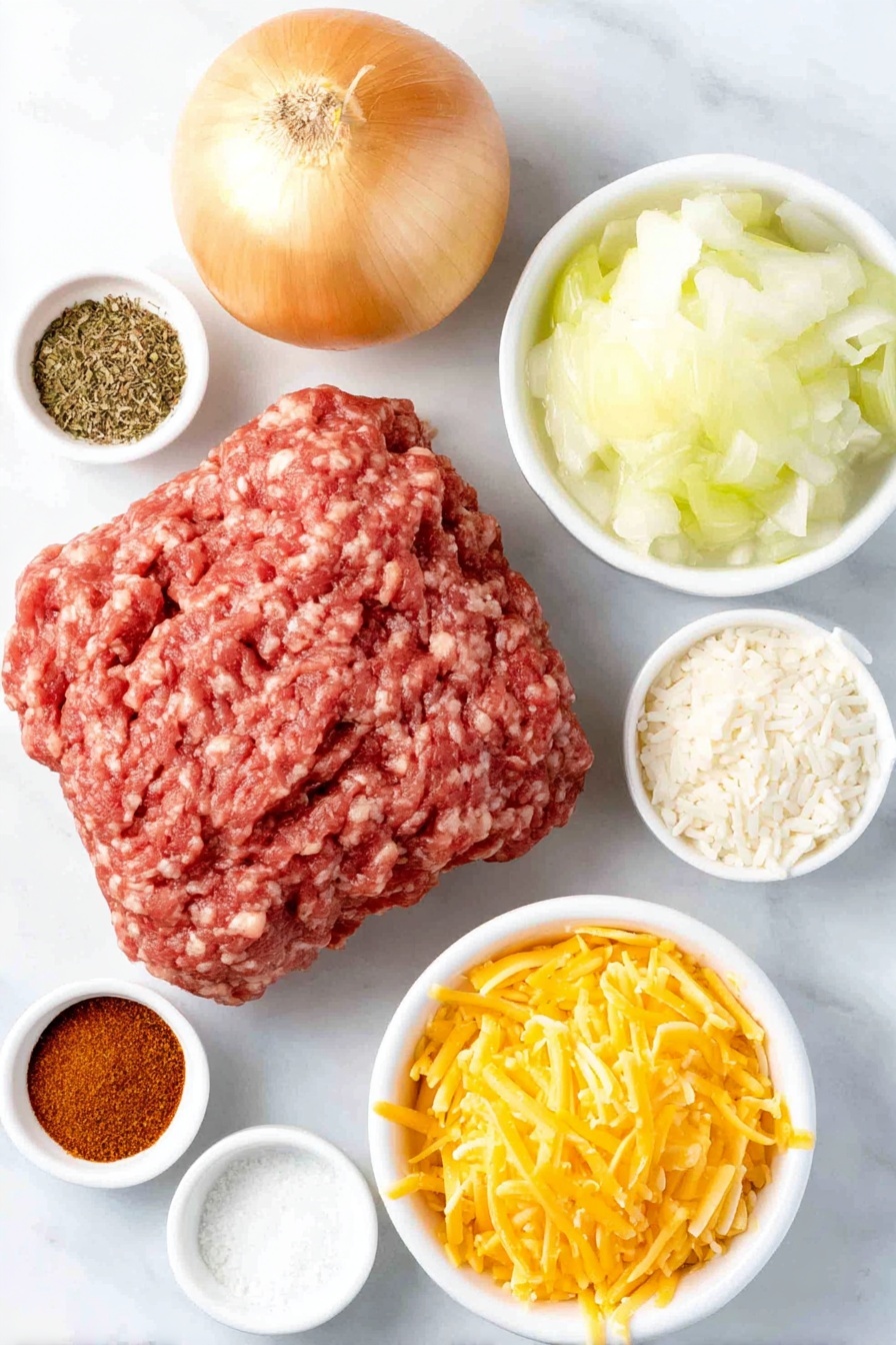 Flat lay of fresh ground beef in a mound, a small sweet onion whole with smooth golden skin, four whole garlic cloves unpeeled, two simple white ceramic bowls—one filled with creamy light green celery soup, the other with rich brown beef stock, a small white bowl of mixed dried Italian herbs, a small white bowl containing bright red paprika powder, a small white bowl of coarse kosher salt, a small white bowl with cracked black peppercorns, a small white bowl of instant white rice grains, a small white bowl with vibrant frozen mixed vegetables (carrots, peas, green beans, corn), and a generous pile of shredded sharp cheddar cheese with bright orange hue, all arranged with perfect symmetry on a clean white marble surface, soft natural light, photo taken with an iPhone, professional food photography style, fresh ingredients, white ceramic bowls, no bottles, no duplicates, no utensils, no packaging --ar 2:3 --v 7 --p m7354615311229779997 - Cheesy Ground Beef and Rice Casserole, Ground Beef Rice Casserole, Easy Beef and Rice Bake, Cheesy Beef Casserole Dinner, Comfort Food Ground Beef Casserole