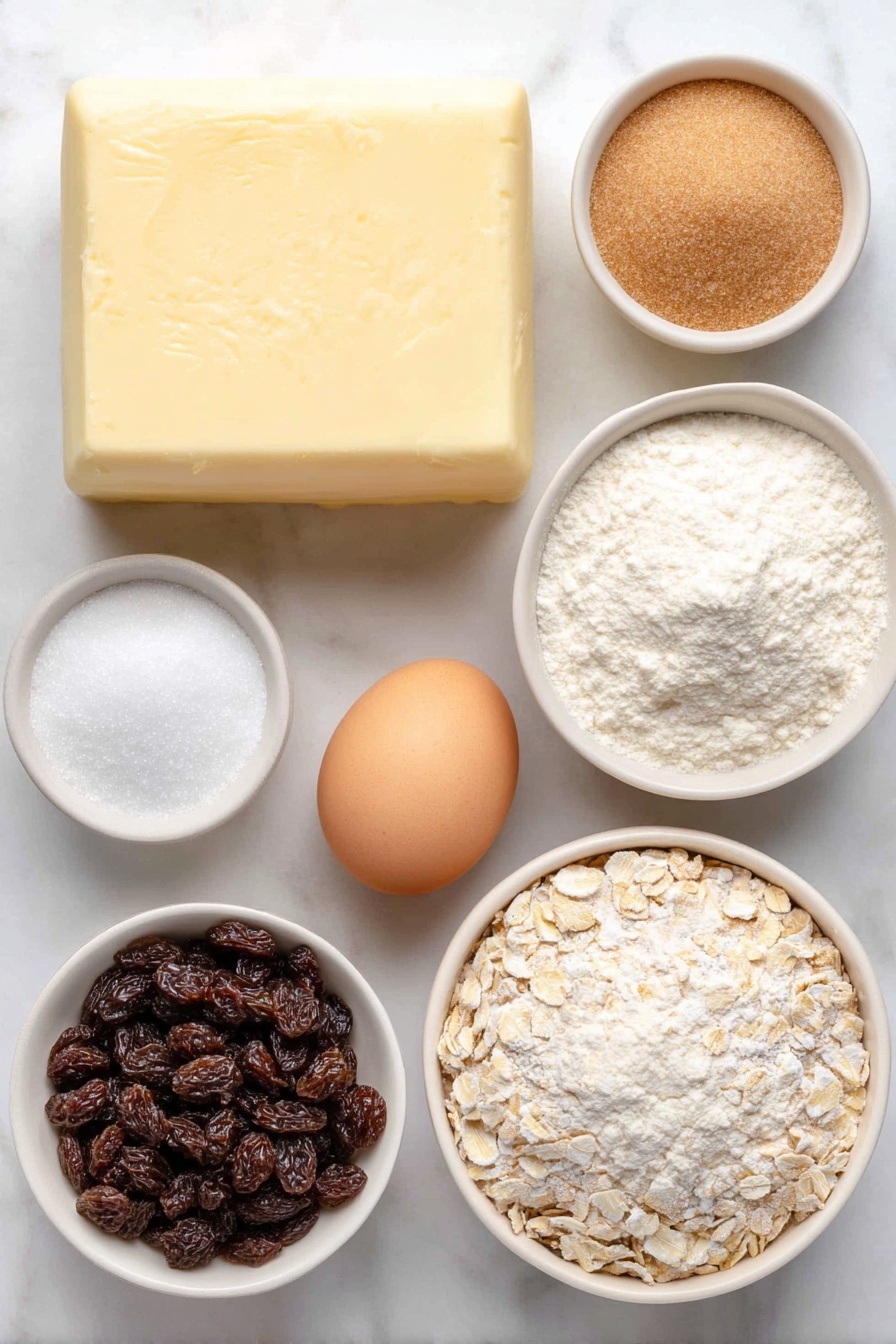 Flat lay of a few chunks of unsalted butter, a small white ceramic bowl of light brown sugar, a small white ceramic bowl of white granulated sugar, one whole uncracked medium egg with a clean shell, a small white ceramic bowl of plain flour, a small white ceramic bowl filled with rolled oats, a small white ceramic bowl containing baking powder, a small white ceramic bowl with bicarbonate of soda, a small white ceramic bowl of coarse sea salt, and a small white ceramic bowl overflowing with plump dark raisins, arranged in perfect symmetry, placed on a clean white marble surface, soft natural light, photo taken with an iPhone, professional food photography style, fresh ingredients, white ceramic bowls, no bottles, no duplicates, no utensils, no packaging --ar 2:3 --v 7 --p m7354615311229779997 - Chewy Oatmeal Raisin Cookies, easy oatmeal raisin cookies, homemade chewy cookies, soft oatmeal cookies, raisin oatmeal cookie recipe