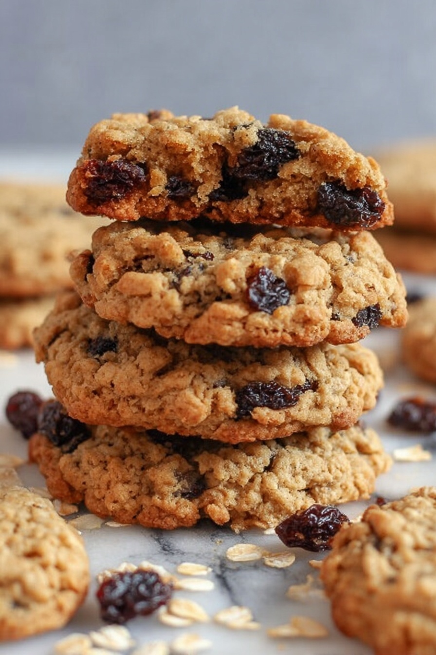 A close-up view shows a stack of three thick oatmeal raisin cookies on a white marbled surface. Each cookie is golden brown with a rough and crumbly texture, packed with dark raisins inside. Some raisins are visible both on the surface and within the cookies, adding dark spots against the cookie's light brown color. Around the stack, there are more single cookies and scattered oats and raisins, creating a casual, inviting look. The photo is taken with an iphone --ar 2:3 --v 7 - Chewy Oatmeal Raisin Cookies, easy oatmeal raisin cookies, homemade chewy cookies, soft oatmeal cookies, raisin oatmeal cookie recipe