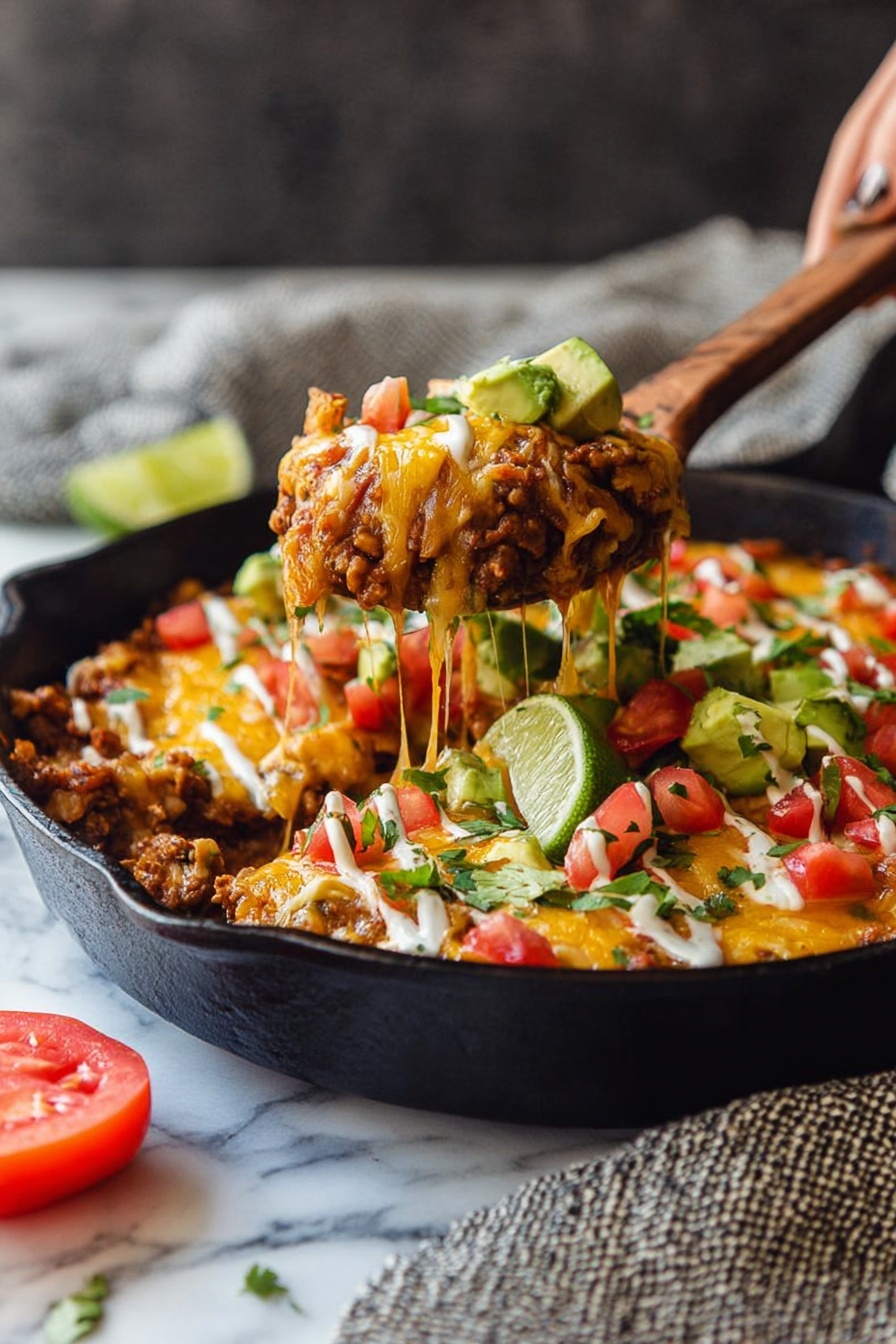 A black skillet holds a dish with multiple layers starting with a base of cooked meat mixed with a reddish sauce. On top is melted yellow cheese that stretches as a wooden spoon lifts a portion. The next layer has chopped red tomatoes, green avocado chunks, and some light drizzle of white sauce. Thin slices of green lime and small green herbs are placed on top as a final touch. The skillet is on a white marbled surface, with a chopped tomato piece and a textured grey cloth nearby. A woman's hand is holding the wooden spoon lifting the food. Photo taken with an iphone --ar 2:3 --v 7 - One Pot BBQ Chicken Rice, BBQ Chicken Rice Dinner, Easy One Pot Chicken Recipe, Quick Chicken and Rice Meal, Smoky BBQ Chicken Skillet