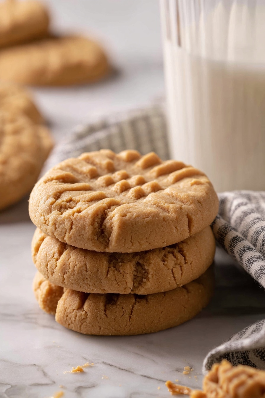 A stack of three round peanut butter cookies sits on a surface with a white marbled texture. Each cookie is light brown with a slightly cracked surface and a grid pattern pressed into the top layer, showing the soft texture. The cookies look thick and slightly crumbly. To the right, there is a clear glass filled with white milk, partially visible. In the background, a striped soft cloth is draped casually, and some more cookies are blurred but visible, adding depth to the scene. photo taken with an iphone --ar 2:3 --v 7 - Easy Peanut Butter Cookies, peanut butter cookies, simple cookie recipes, quick cookie ideas, homemade peanut butter treats
