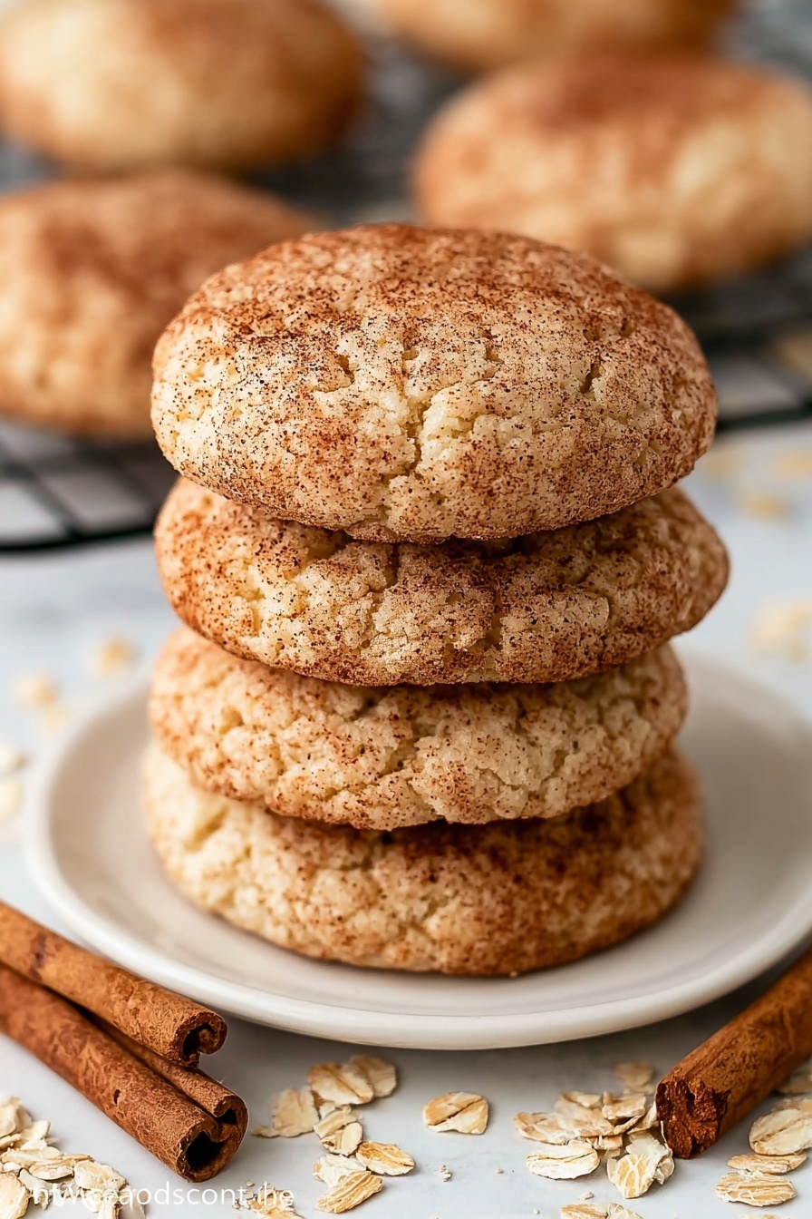 A stack of five round cookies is placed on a white plate on a white marbled surface. Each cookie is light brown with a cracked texture and sprinkled with a dusting of darker cinnamon powder that covers the top of each cookie unevenly. The cookies have a soft and slightly bumpy texture with visible tiny air pockets. Around the plate and cookies, there are scattered light beige oat flakes and several cinnamon sticks laying flat on the surface. In the background, a wire cooling rack holds more cookies that are out of focus. The scene is bright and warm, emphasizing the cozy look of the cookies. photo taken with an iphone --ar 2:3 --v 7 - Oatmeal Snickerdoodle Cookies, cinnamon sugar cookies, oatmeal cookies with cinnamon, chewy oat cookies, homemade snickerdoodle treats