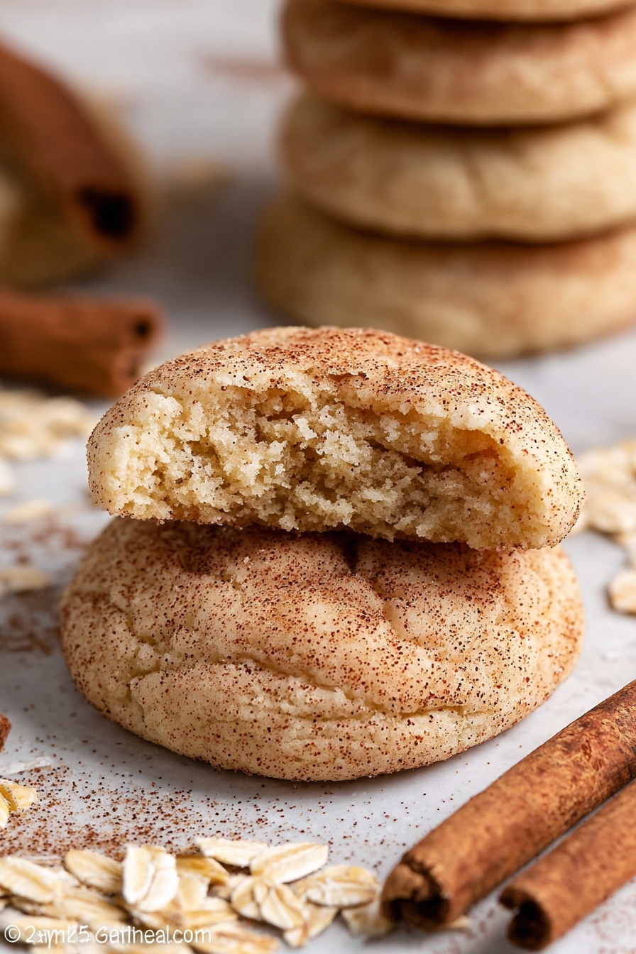 A close-up of two soft, round cookies stacked with the top one broken in half showing a light, crumbly inside texture. The cookies have a light beige color and are sprinkled with a fine layer of cinnamon and sugar on top, showing a slightly cracked smooth surface. In the background, there is a tall stack of more cookies with the same color and texture, all set on a white marbled surface scattered with uncooked oats and cinnamon sticks, adding a warm, rustic touch. photo taken with an iphone --ar 2:3 --v 7 - Oatmeal Snickerdoodle Cookies, cinnamon sugar cookies, oatmeal cookies with cinnamon, chewy oat cookies, homemade snickerdoodle treats