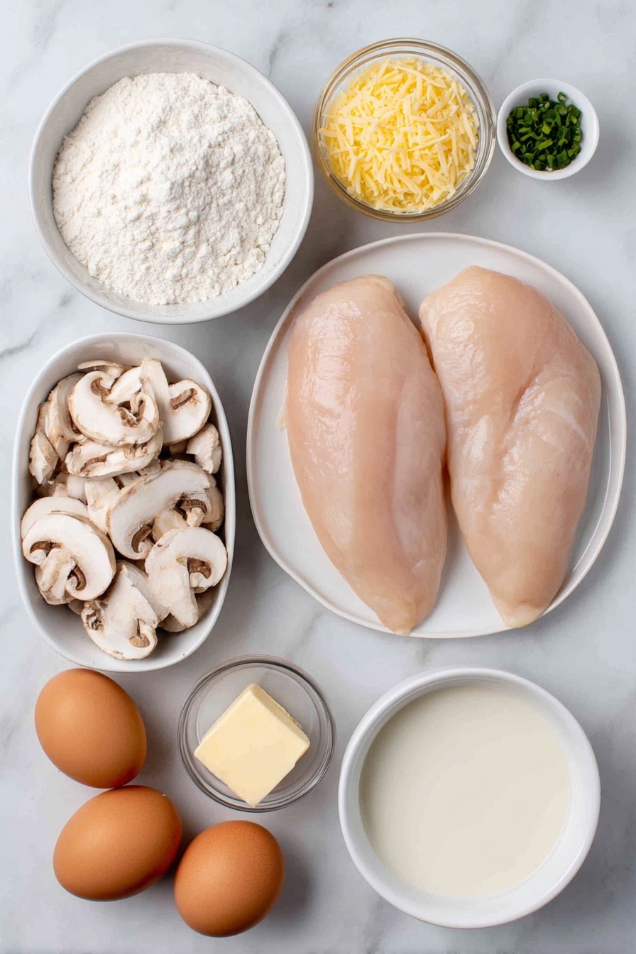 Flat lay of two large boneless skinless chicken breasts, a small mound of white all-purpose flour on a simple white ceramic plate, two whole uncracked brown eggs with clean shells, a handful of fresh sliced button mushrooms showing natural textures, two garlic cloves with papery skins intact, a small white ceramic bowl filled with dry white wine, another small white bowl containing low sodium chicken stock, a small white bowl holding thick heavy cream, a small heap of finely grated pale yellow parmesan cheese on a white ceramic dish, two small sprigs of fresh green chives placed delicately beside the bowls, and a small pat of unsalted butter on a white plate—all arranged in perfect symmetry with realistic proportions, placed on a clean white marble surface, soft natural light, photo taken with an iPhone, professional food photography style, fresh ingredients, white ceramic bowls, no bottles, no duplicates, no utensils, no packaging --ar 2:3 --v 7 --p m7354615311229779997 - Creamy Mushroom Chicken, Creamy Mushroom Chicken recipe, savory chicken with mushrooms, quick mushroom chicken, elegant chicken dinner