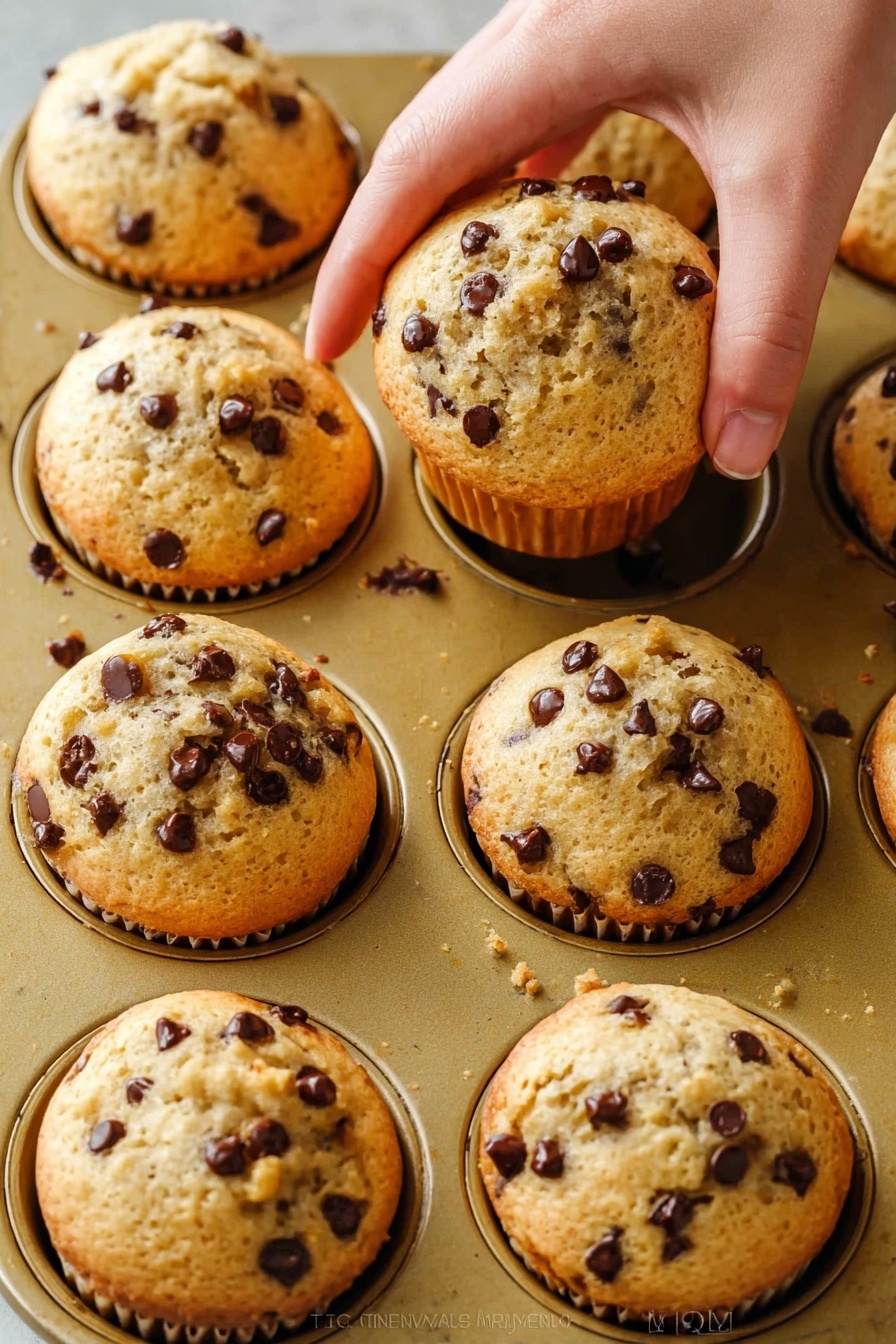 A close-up view of a gold muffin tin holding nine golden-brown chocolate chip muffins. Each muffin is topped with small, scattered dark chocolate chips, and the texture looks soft and fluffy. One muffin in the middle is missing a bite, showing the light, airy inside with chocolate chips spread throughout, while near it, a woman's hand is gently lifting another muffin from the tin. The muffin tops are slightly domed and cracked on the surface, revealing a tender crumb. The background shows part of the gold muffin tin with a shiny texture. photo taken with an iphone --ar 2:3 --v 7 - Bakery-Style Chocolate Chip Muffins, easy chocolate chip muffin recipe, soft bakery-style muffins, tall domed muffins, homemade chocolate chip muffins