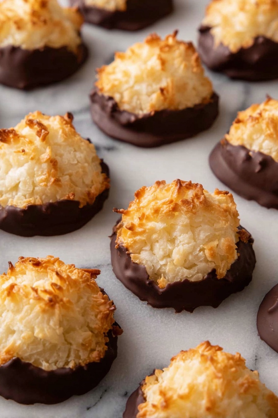 A close-up view of several small, rounded cookies arranged on a white marbled surface. Each cookie has two layers: the bottom layer is a dark, smooth chocolate coating with a glossy finish and irregular edges, while the top layer is a light golden-brown toasted coconut mound with a rough, fibrous texture. The cookies are spaced evenly, showing their distinct layers and textures clearly. photo taken with an iphone --ar 2:3 --v 7 - Chocolate-Dipped Coconut Macaroons, coconut macaroons recipe, easy coconut cookies, chocolate-coated macaroons, chewy coconut treats