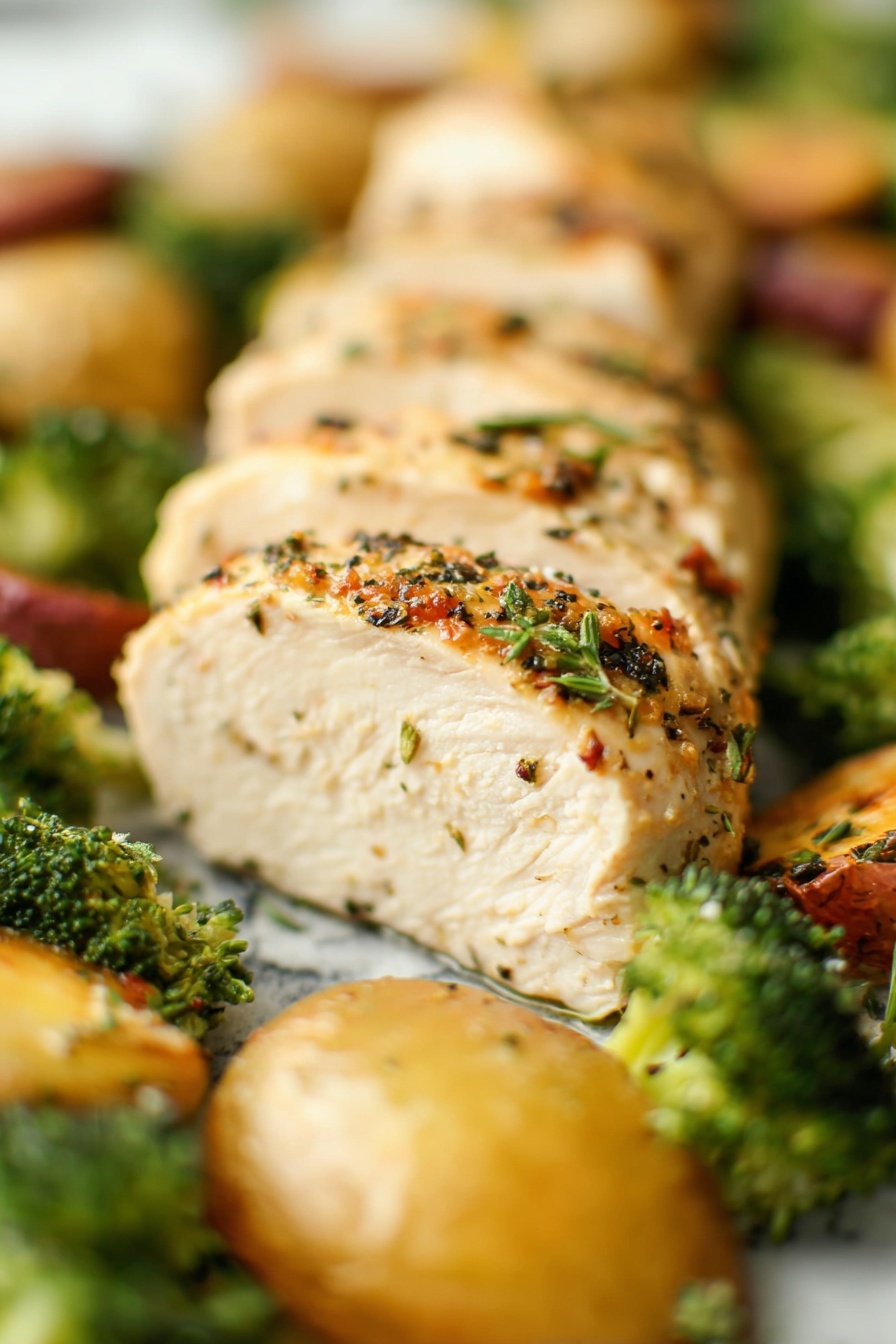 The image shows sliced chicken pieces placed on a bed of cooked broccoli and round, golden-brown potatoes. The chicken layers are light beige with a seasoned crust of herbs and spices on top, adding a speckled green and black texture. The broccoli pieces are bright green with a slightly rough texture, scattered around the chicken slices. The potatoes have a golden-brown crispy skin and soft interior showing. All food rests on a white marbled surface, creating a clean and fresh look. The focus is on the central chicken slice, with the background softly blurred. photo taken with an iphone --ar 2:3 --v 7 - Honey Garlic Chicken and Veggie Bake, honey garlic chicken bake, one-pan chicken dinner, easy healthy chicken recipes, baked chicken with vegetables