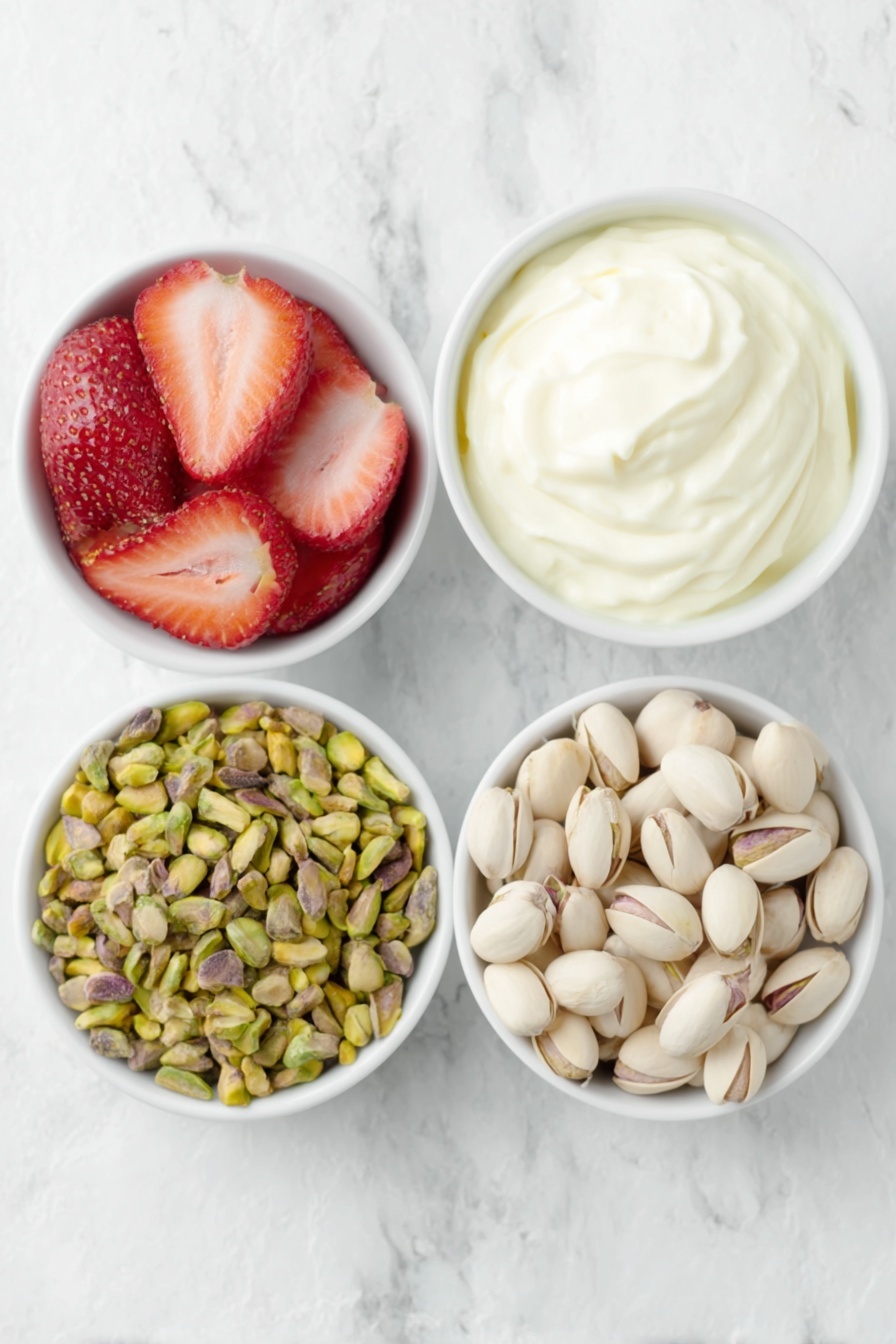 Flat lay of a small white ceramic bowl filled with creamy vanilla yogurt, a small white ceramic bowl holding thinly sliced fresh strawberries with vibrant red and green hues, and a small white ceramic bowl containing shelled pistachios in natural green and beige tones, all arranged symmetrically and balanced, placed on a clean white marble surface, soft natural light, photo taken with an iPhone, professional food photography style, fresh ingredients, white ceramic bowls, no bottles, no duplicates, no utensils, no packaging --ar 2:3 --v 7 --p m7354615311229779997 - Frozen Yogurt Bark with Strawberries and Nuts, healthy frozen yogurt dessert, easy summer snack, homemade frozen treat, fruit and nut yogurt bark