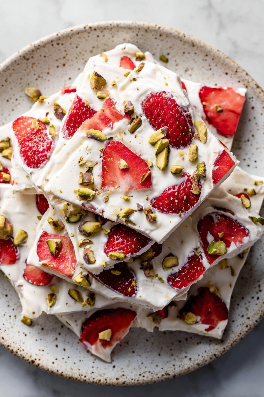 The dish shows a plate filled with multiple uneven white creamy bark pieces that have embedded bright red strawberry slices and small chopped green pistachios scattered across the surface. Each bark piece has a smooth but slightly rough texture with the strawberries visibly pressed in the top layer, offering a fresh red contrast against the white base, while the pistachios add a crunchy green and brown touch. The bark pieces are casually stacked, overlapping each other on a speckled white plate placed on a white marbled surface. photo taken with an iphone --ar 2:3 --v 7 - Frozen Yogurt Bark with Strawberries and Nuts, healthy frozen yogurt dessert, easy summer snack, homemade frozen treat, fruit and nut yogurt bark
