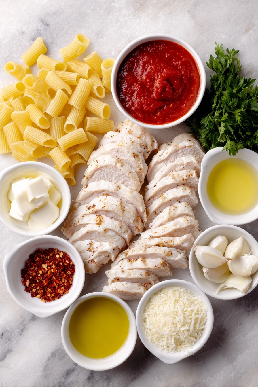 Flat lay of a small mound of rigatoni pasta, two boneless skinless chicken breasts sliced thinly into strips, a few vibrant red chili flakes sprinkled next to a small bundle of fresh green parsley, three peeled garlic cloves next to half a sliced red bell pepper and half a sliced white onion, a small white ceramic bowl of deep red tomato sauce, a small white ceramic bowl of thick heavy cream, a small white ceramic bowl of golden olive oil, a small white ceramic bowl with pale yellow melted butter, a small white ceramic bowl filled with grated parmesan cheese, a small white ceramic bowl containing reddish-brown Cajun seasoning powder, placed on a clean white marble surface, soft natural light, photo taken with an iPhone, professional food photography style, fresh ingredients, white ceramic bowls, no bottles, no duplicates, no utensils, no packaging --ar 2:3 --v 7 --p m7354615311229779997 - Spicy Cajun Chicken Pasta, Cajun chicken pasta recipe, creamy Cajun pasta, quick Cajun chicken dinner, spicy pasta recipes