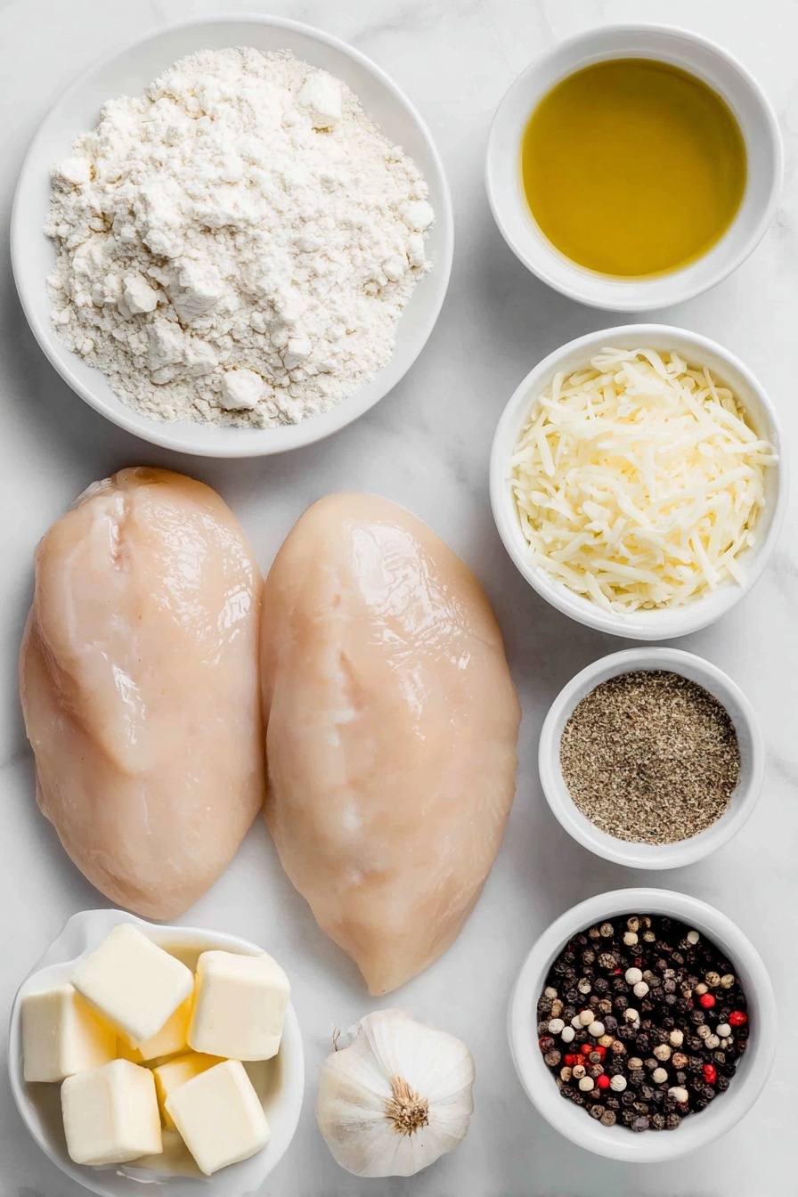 Flat lay of two large boneless skinless chicken breasts, a small mound of white flour on a simple white ceramic plate, a small white bowl filled with shredded Parmesan cheese, a small white bowl with olive oil, a small white bowl containing light golden chicken broth, a few whole garlic cloves arranged neatly, a small white bowl with soft yellow butter, a small white bowl holding heavy cream, a small pile of mixed dried Italian seasonings, a few whole black peppercorns and coarse salt crystals scattered delicately, all ingredients fresh and natural, perfectly balanced and symmetrical arrangement on simple white ceramic dishes, placed on a clean white marble surface, soft natural light, photo taken with an iPhone, professional food photography style, fresh ingredients, white ceramic bowls, no bottles, no duplicates, no utensils, no packaging --ar 2:3 --v 7 --p m7354615311229779997 - Creamy Garlic Chicken Skillet, chicken skillet recipes, garlic chicken dinner, easy creamy chicken, one-pan chicken recipe
