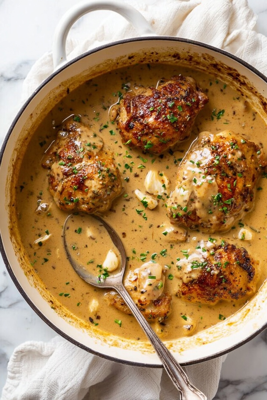 The image shows a white pot filled with four browned chicken pieces covered in thick light brown sauce. The sauce has small bits and whole cloves of garlic, and some green herbs sprinkled on top. A metal spoon is partially dipped in the sauce, positioned near the bottom right piece of chicken. The pot rests on a white marbled surface with a white cloth underneath. photo taken with an iphone --ar 2:3 --v 7 - Creamy Garlic Chicken Skillet, chicken skillet recipes, garlic chicken dinner, easy creamy chicken, one-pan chicken recipe