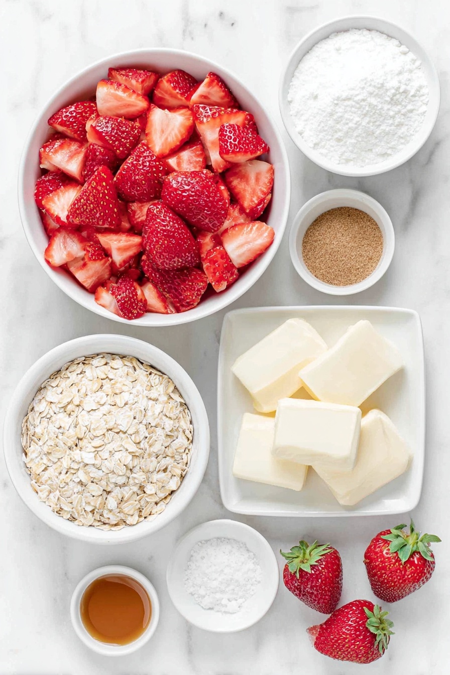 Flat lay of fresh whole strawberries diced in a simple white ceramic bowl, a small white bowl with granulated sugar, half a lemon cut in half showing juicy pulp next to a small white bowl of lemon juice, a small white bowl with corn starch powder, a neat pile of old fashioned rolled oats, a mound of all-purpose flour, a small white bowl containing cinnamon powder, several slices of unsalted butter at room temperature arranged neatly on a white ceramic plate, a small white bowl with pure vanilla extract, and a small white bowl with salt crystals, all placed on a clean white marble surface, soft natural light, photo taken with an iPhone, professional food photography style, fresh ingredients, white ceramic bowls, no bottles, no duplicates, no utensils, no packaging --ar 2:3 --v 7 --p m7354615311229779997 - Strawberry Oatmeal Bars, strawberry oatmeal bars recipe, healthy strawberry bars, easy fruit bars, breakfast dessert bars