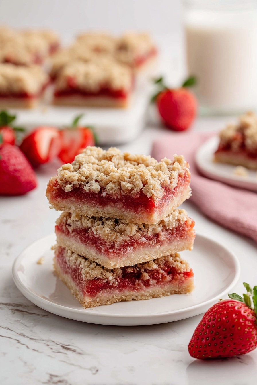 The image shows a stack of three layered strawberry crumble bars on a small white plate. Each bar has three layers: the bottom layer is a light beige crumbly crust, the middle layer is a bright red strawberry filling that looks soft and slightly juicy, and the top layer is a crumbly oat topping with a rough texture and light brown color. In the background, there are more bars on another white plate, a glass of milk, some fresh strawberries, and a pink cloth on a white marbled surface. The photo taken with an iphone --ar 2:3 --v 7 - Strawberry Oatmeal Bars, strawberry oatmeal bars recipe, healthy strawberry bars, easy fruit bars, breakfast dessert bars