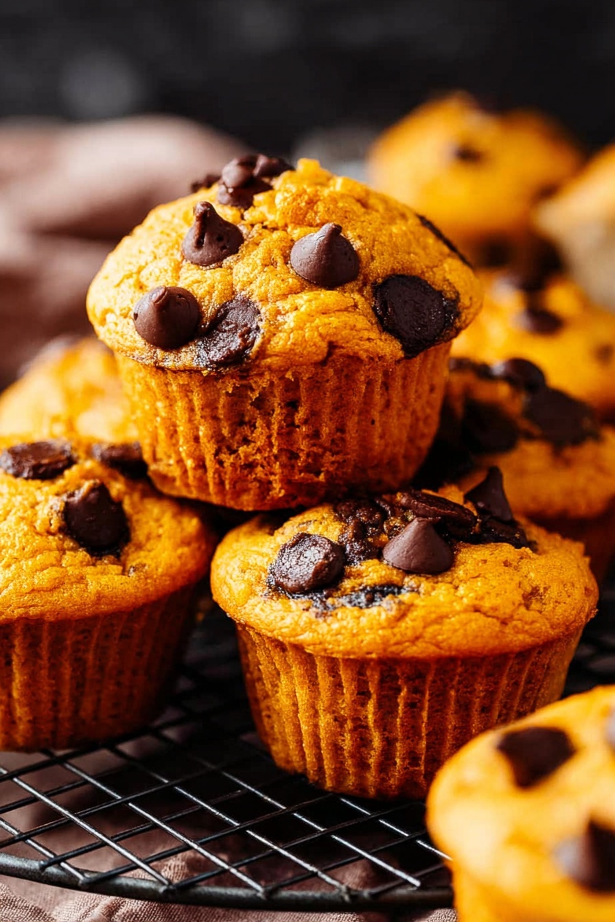 The image shows a close-up view of several golden brown muffins with dark chocolate chips scattered on top and inside, arranged in a small pile. Each muffin has a slightly cracked, fluffy, and textured surface with visible large chocolate chips that add a glossy contrast against the soft golden muffin. The muffins are sitting on a black wire cooling rack, with no other items in the background except dark shadows. The overall look is warm, inviting, and rich with the contrast between the muffins' bright orange-brown color and the dark chocolate. photo taken with an iphone --ar 2:3 --v 7 - Pumpkin Chocolate Chip Muffins, moist pumpkin muffins, fall breakfast recipes, easy pumpkin muffin recipe, chocolate chip muffin ideas