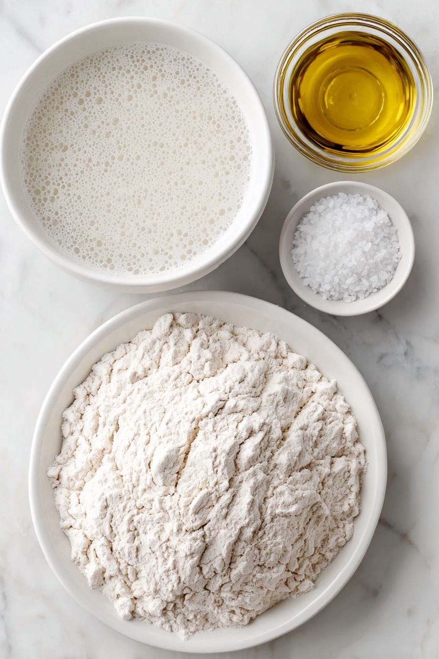 Flat lay of a small white ceramic bowl filled with bubbly, active sourdough starter, a larger white ceramic bowl of warm clear water, a neat mound of unbleached bread flour on a simple white ceramic plate, and a small white ceramic bowl containing fine sea salt crystals, all arranged in perfect symmetry and balanced proportions, placed on a clean white marble surface, soft natural light, photo taken with an iPhone, professional food photography style, fresh ingredients, white ceramic bowls, no bottles, no duplicates, no utensils, no packaging --ar 2:3 --v 7 --p m7354615311229779997 - Simple Homemade Sourdough Bread, homemade sourdough bread, easy sourdough bread recipe, beginner sourdough baking, crusty sourdough loaf