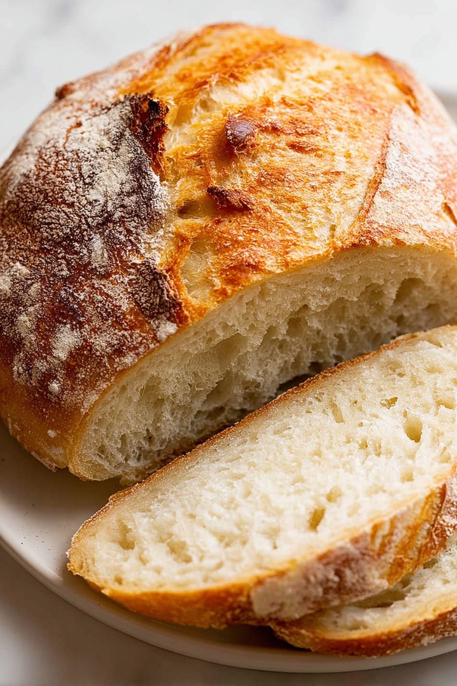A round loaf of bread with a golden-brown crust dusted lightly with flour sits on a white plate. The bread is partially sliced, showing two thick slices in front with a soft, slightly airy texture and pale creamy interior. The crust has a rough, crisp texture with darker toasted patches and a few cracks revealing the soft bread inside. The background is a white marbled texture. photo taken with an iphone --ar 2:3 --v 7 - Easy No-Knead Artisan Bread, homemade artisan bread, no-knead bread recipe, crusty bread at home, simple bread baking tips