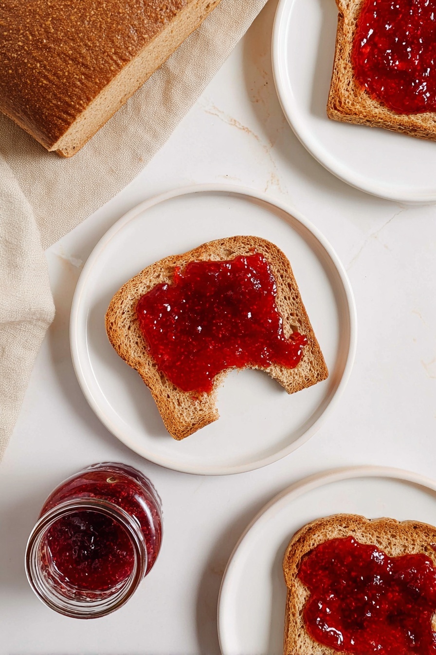 The image shows three slices of toasted brown bread on white plates, each covered with a bright red, shiny layer of berry jam; one slice in the center has a bite taken out of the bottom right corner. The bread appears crispy with a rough texture, and the jam layer is thick and slightly uneven. A clear glass jar of the same berry jam is placed near the bottom edge on a white marbled surface, and the top left corner shows a loaf of unsliced brown bread resting on a beige cloth. The overall scene is clean and simple with a light, natural feel and soft shadows. Photo taken with an iphone --ar 2:3 --v 7 - Homemade Whole Wheat Bread, healthy whole wheat bread, soft homemade bread, easy whole wheat bread recipe, wholesome bread from scratch