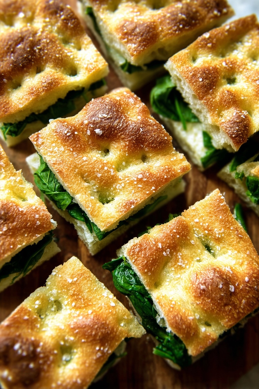 The image shows several square pieces of focaccia sandwich laid close together, each with two layers of soft, golden-brown focaccia bread on top and bottom, both textured with small dimples and sprinkled with coarse salt. Between these layers, there is a visible layer of fresh green leafy spinach, creating a bright green contrast against the warm bread color. The pieces are arranged on a wooden surface, but the background has been conceptually changed to a white marbled texture. The focus is sharp on the texture of both the bread and spinach layers, giving a fresh and inviting look. photo taken with an iphone --ar 2:3 --v 7 - Easy No-Knead Focaccia Bread, homemade focaccia, no-knead bread recipe, airy focaccia, easy bread for beginners