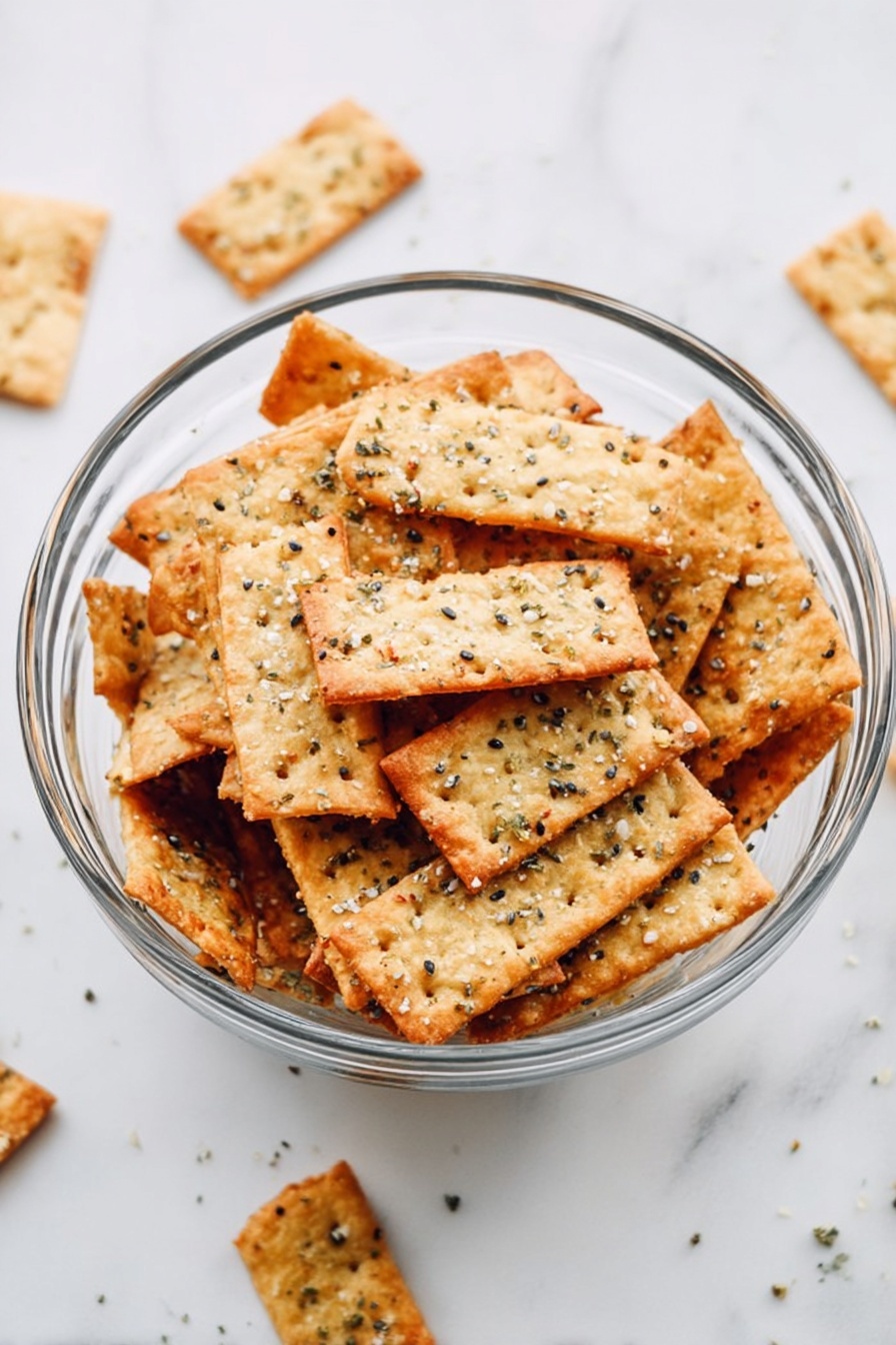 A clear glass bowl filled with many rectangular crackers stacked unevenly. The crackers are golden brown with a crispy texture, sprinkled with black, white, and orange seasoning seeds. The bowl sits on a white marbled surface with scattered seasoning around it. The lighting is soft and bright, highlighting the crunchy details of the crackers. photo taken with an iphone --ar 2:3 --v 7 - Homemade Bagel Seasoned Crackers, savory bagel crackers, homemade snack recipes, crunchy bagel crackers, homemade savory crackers