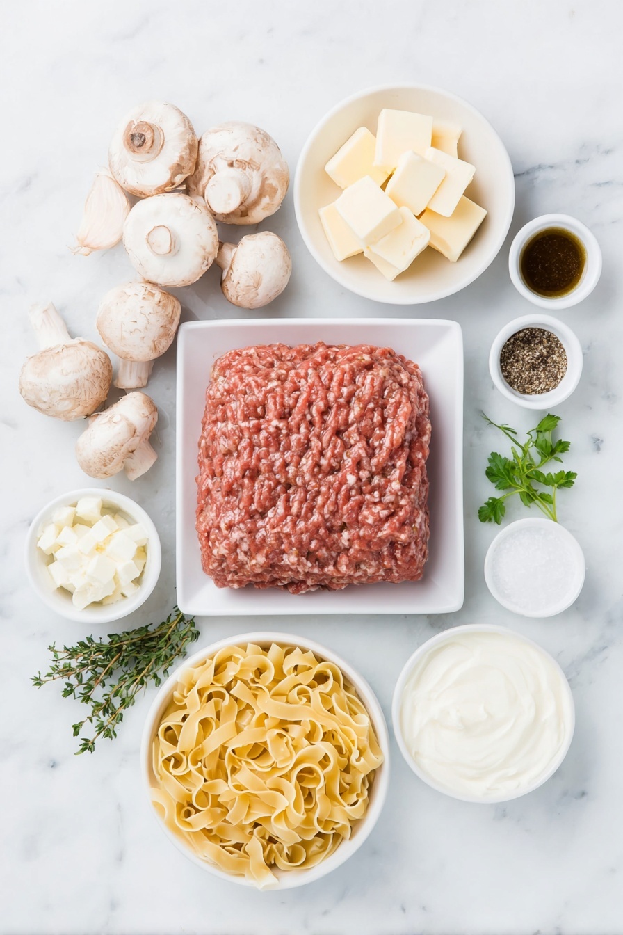 Flat lay of wide egg noodles uncooked in a small white ceramic bowl, a portion of fresh ground beef shaped loosely on a white plate, a few whole white mushrooms with brown caps arranged beside the beef, half a yellow onion diced on a white square dish, three whole garlic cloves with skins intact, a small white ceramic bowl with unsalted butter cubes, another small bowl holding cream cheese, a fresh sprig of thyme beside a sprig of parsley, a small white ceramic bowl filled with sour cream, a separate small white bowl containing Dijon mustard, a small white bowl with Worcestershire sauce, salt and pepper grains arranged simply side by side in tiny white bowls, all placed on a clean white marble surface, soft natural light, photo taken with an iPhone, professional food photography style, fresh ingredients, white ceramic bowls, no bottles, no duplicates, no utensils, no packaging --ar 2:3 --v 7 --p m7354615311229779997 - One-Pot Ground Beef Stroganoff, ground beef stroganoff recipe, easy beef stroganoff dinner, creamy beef skillet meal, weeknight beef pasta