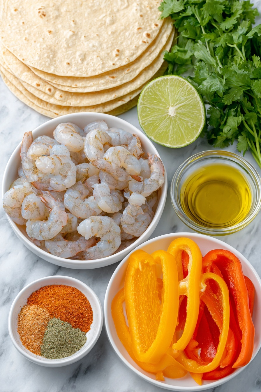 Flat lay of peeled and deveined raw shrimp arranged neatly, thin slices of vibrant yellow bell pepper, thin slices of bright red bell pepper, thin slices of vivid orange bell pepper, thin slices of small fresh red onion, a small white ceramic bowl with golden extra virgin olive oil, a whole fresh lime cut in half revealing juicy interior, a small white ceramic bowl containing a mix of colorful chili powder, garlic powder, onion powder, ground cumin, and smoked paprika spices arranged artfully, fresh cilantro sprigs with bright green leaves, and a stack of soft warm corn tortillas placed next to each other, all placed on a clean white marble surface, soft natural light, photo taken with an iPhone, professional food photography style, fresh ingredients, white ceramic bowls, no bottles, no duplicates, no utensils, no packaging --ar 2:3 --v 7 --p m7354615311229779997 - Sheet Pan Shrimp Fajitas, easy shrimp fajitas, healthy shrimp fajitas, quick fajitas recipe, colorful sheet pan dinner