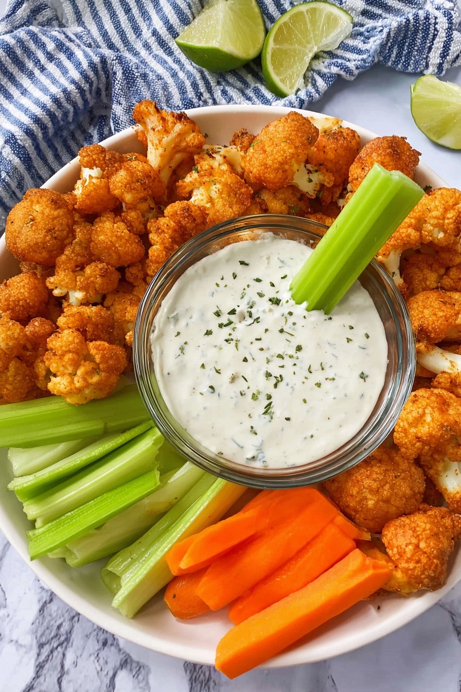 A white plate with three sections holds different foods arranged around a small clear glass bowl of creamy, white dip with sprinkled herbs on top. The bowl sits in the center, and a single green celery stick is dipped into the creamy mixture, standing upright. Surrounding the bowl, there are crispy, golden-brown fried cauliflower pieces across most of the plate, bright green celery sticks on the left side, and bright orange carrot sticks on the right side. The whole plate is placed on a white marbled surface with lime wedges and a blue and white striped cloth visible in the background. Photo taken with an iphone --ar 2:3 --v 7 - Vegan Cauliflower Buffalo Wings, vegan buffalo wing recipe, healthy plant-based wings, crispy cauliflower wings, vegan game day snacks