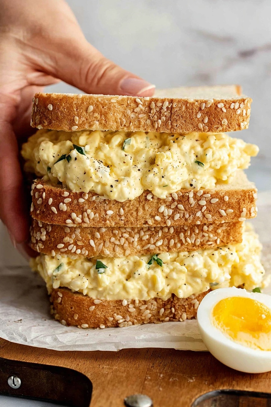 A close-up view of a thick sandwich held by a woman's hand, showing three slices of sesame seed white bread stacked with two thick layers of creamy, pale yellow egg salad mixed with small green herbs and black pepper. The egg salad looks soft and slightly chunky, spilling a bit from between the bread slices. The sandwich rests on white parchment paper placed on a wooden board with two silver rivets visible. A halved boiled egg with a bright yellow yolk and white is placed near the sandwich on the right. The background is a white marbled texture. photo taken with an iphone --ar 2:3 --v 7 - Creamy Soft Boiled Egg Sandwich,soft boiled egg breakfast ideas,easy egg sandwich recipe,creamy eggs on bread,quick egg sandwich for breakfast