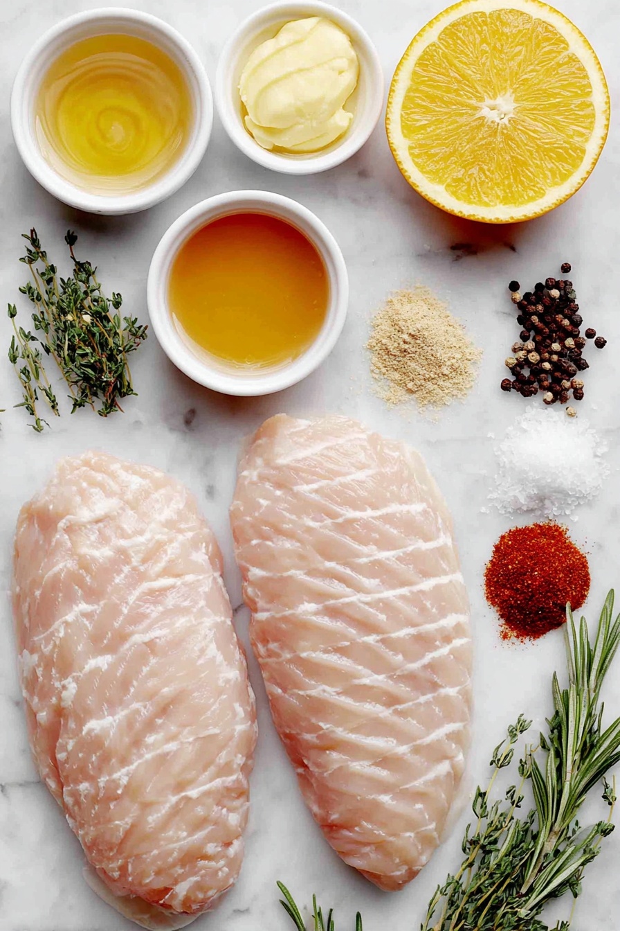 Flat lay of two bone-in, skin-on half chicken breasts with fresh skin texture, a small white ceramic bowl of golden melted butter, a small white bowl of bright orange honey, a small white bowl of fresh orange juice with visible pulp, a small white bowl of amber apple cider liquid, a small white bowl of smooth Dijon mustard, a small pile of fine fresh chopped rosemary leaves, a small bunch of fresh thyme sprigs with leaves, a fresh whole orange with a small pile of orange zest next to it, small piles of smoked paprika, chili powder, onion powder, and garlic powder as colorful spices, coarse salt crystals, and whole black peppercorns scattered delicately, all arranged in perfect symmetry on a clean white marble surface, soft natural light, photo taken with an iPhone, professional food photography style, fresh ingredients, white ceramic bowls, no bottles, no duplicates, no utensils, no packaging --ar 2:3 --v 7 --p m7354615311229779997 - Orange Glazed Chicken Breasts, orange glazed chicken, easy chicken dinner, quick chicken recipes, flavorful chicken dishes