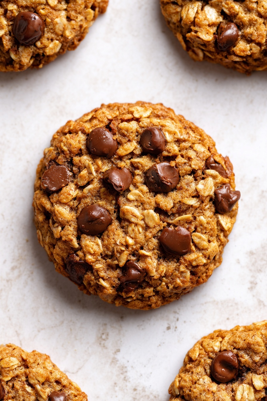 The image shows a close-up of a round oatmeal cookie with chocolate chips on a white marbled surface. The cookie has rough textured layers made of oats and chunks of melted dark brown chocolate chips scattered evenly throughout. The cookie's color is a mix of light brown from oats and golden spots where the cookie looks soft and baked, giving it a chunky and dense look. Four other cookies are partly visible around the main cookie, all placed flat on the white marbled surface. No other objects or colors are in the image. Photo taken with an iphone --ar 2:3 --v 7 - Banana Oatmeal Cookies, healthy banana cookies, easy oatmeal cookies, gluten-free banana treats, soft cinnamon cookies