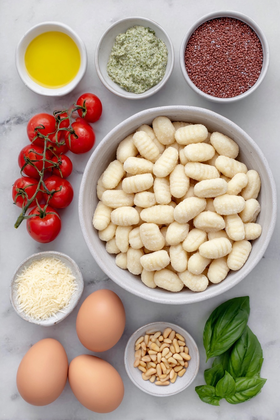 Flat lay of a mound of uncooked gnocchi, a small pile of vibrant red cherry tomatoes with a few green stems attached, a small white ceramic bowl filled with bright green pesto sauce, a small white bowl holding golden toasted pine nuts, a few fresh deep green basil leaves scattered artfully, a small white bowl of extra-virgin olive oil, a small pile of freshly grated pale yellow Parmesan cheese, and two whole uncracked brown eggs placed symmetrically, all arranged with balanced spacing on a clean white marble surface, soft natural light, photo taken with an iPhone, professional food photography style, fresh ingredients, white ceramic bowls, no bottles, no duplicates, no utensils, no packaging --ar 2:3 --v 7 --p m7354615311229779997 - Pesto Gnocchi with Cherry Tomatoes, healthy gnocchi dinner, quick easy pasta recipes, vegetarian pesto pasta, fresh cherry tomato recipes