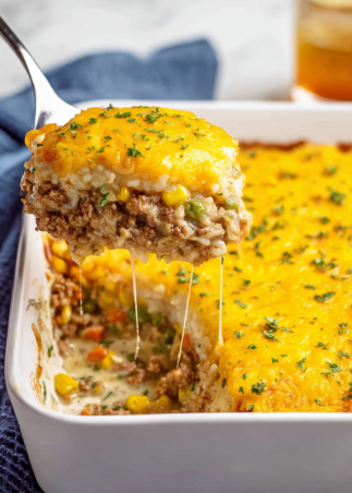 A white baking dish holds a layered casserole with three clear layers: the bottom layer is a mix of cooked ground meat and vegetables like corn and peas in a creamy sauce, the middle layer is a smooth mix of rice and vegetables, and the top layer is a thick, melted golden-yellow cheese crust sprinkled with green herbs. A metal spoon is scooping out a portion, with the melted cheese stretching from the dish, showing the layers inside. The dish sits on a white marbled surface with a drink and blue cloth slightly blurred in the background. photo taken with an iphone --ar 2:3 --v 7 - Cheesy Ground Beef and Rice Casserole, Ground Beef Rice Casserole, Easy Beef and Rice Bake, Cheesy Beef Casserole Dinner, Comfort Food Ground Beef Casserole