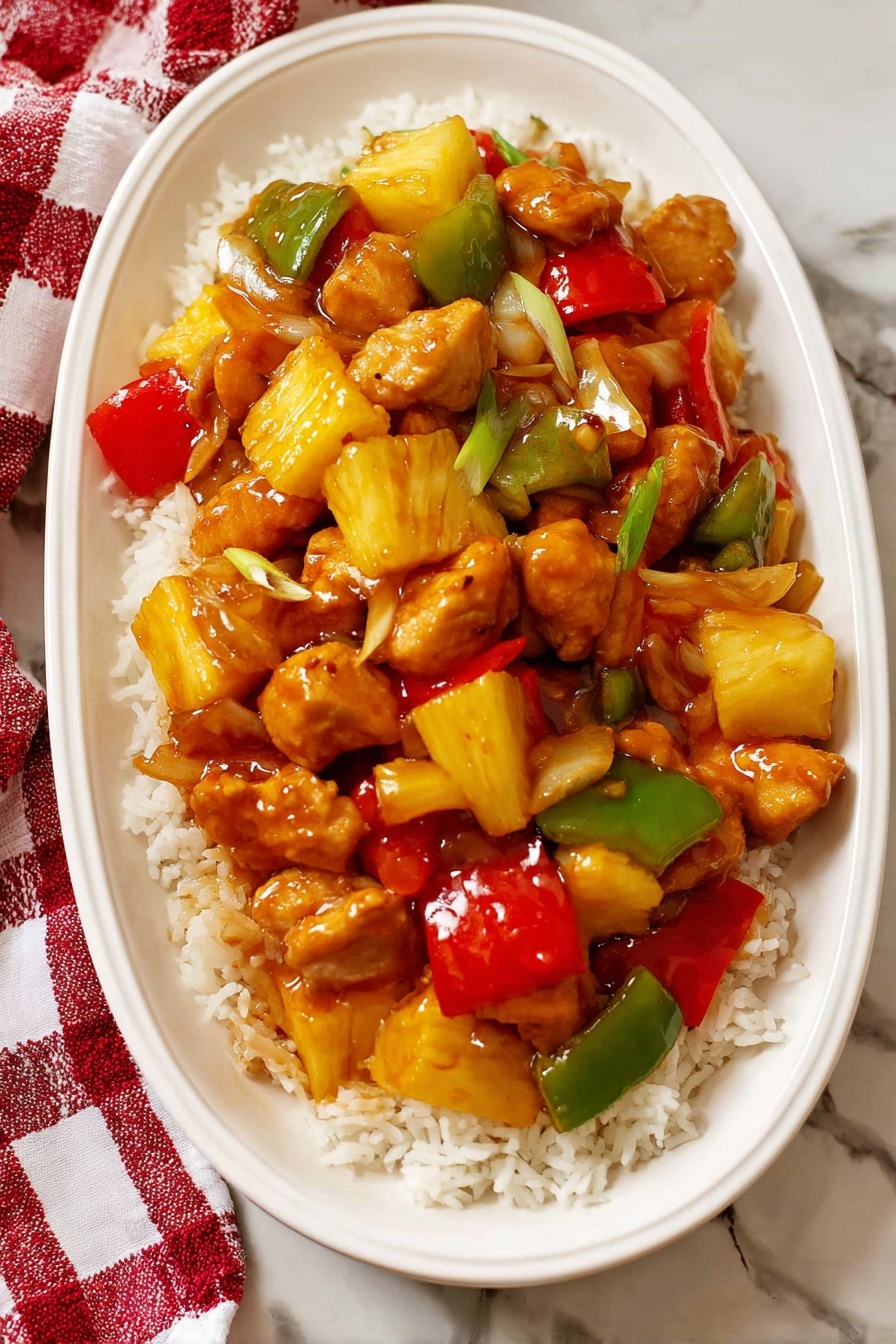 The image shows a pan filled with a colorful stir-fry dish. The dish has three main layers: pieces of light brown cooked chicken with a shiny glaze, chunks of yellow pineapple, and bright green and red bell pepper pieces mixed throughout. The chicken pieces are spread evenly around the pan, surrounded by vibrant vegetable pieces. A wooden spoon is in the pan, stirring the ingredients. The pan sits on a white marbled surface with a red and white checkered cloth partially visible under it. Photo taken with an iphone --ar 2:3 --v 7 - Sweet and Sour Chicken, Easy Sweet and Sour Chicken, Homemade Sweet and Sour Chicken, Quick Sweet and Sour Chicken, Best Sweet and Sour Chicken
