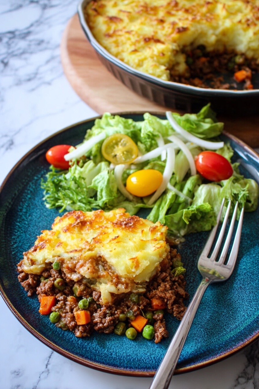 The image shows a blue plate with a serving of shepherd’s pie and a fresh salad. The shepherd’s pie has two main layers: the bottom layer is a mix of minced meat with small orange carrot cubes and green peas, appearing rich and hearty, while the top layer is a golden-yellow mashed potato crust with bits of browned cheese in some areas, giving it a slightly textured look. Next to the pie is a colorful salad made from green romaine lettuce leaves, white onion strips, and small yellow and red cherry tomatoes, adding freshness and brightness. A silver fork sits on the right side of the plate. Behind the plate, there is a round baking dish with more shepherd’s pie visible. The setting rests on a white marbled surface. Photo taken with an iphone --ar 2:3 --v 7 - Irish Shepherd’s Pie with Colcannon Topping, Irish Shepherd’s Pie, hearty Irish casserole, comfort food recipes, traditional Irish dishes