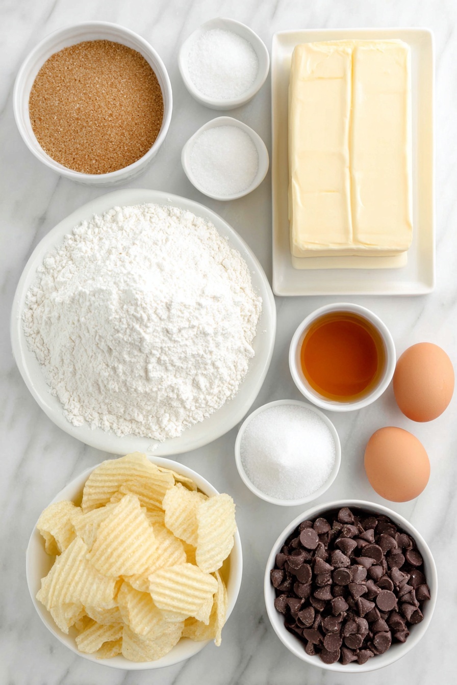 Flat lay of a small mound of all purpose flour on a simple white ceramic plate, a small white bowl of baking soda powder, a small white bowl of fine salt crystals, a large square slab of unsalted butter, a small white bowl filled with packed brown sugar, a small white bowl with granulated white sugar, a small white bowl of golden vanilla extract, two large whole eggs with clean shells, a small white bowl overflowing with crinkle cut crushed potato chips, and a small white bowl of glossy semisweet chocolate chips, each ingredient fresh and natural, arranged in perfect symmetry and balanced proportions, placed on a clean white marble surface, soft natural light, photo taken with an iPhone, professional food photography style, fresh ingredients, white ceramic bowls, no bottles, no duplicates, no utensils, no packaging --ar 2:3 --v 7 --p m7354615311229779997 - Potato Chip Cookies with Chocolate, salty sweet cookies, easy potato chip cookies, chocolate chip cookies with potato chips, unique cookie recipes