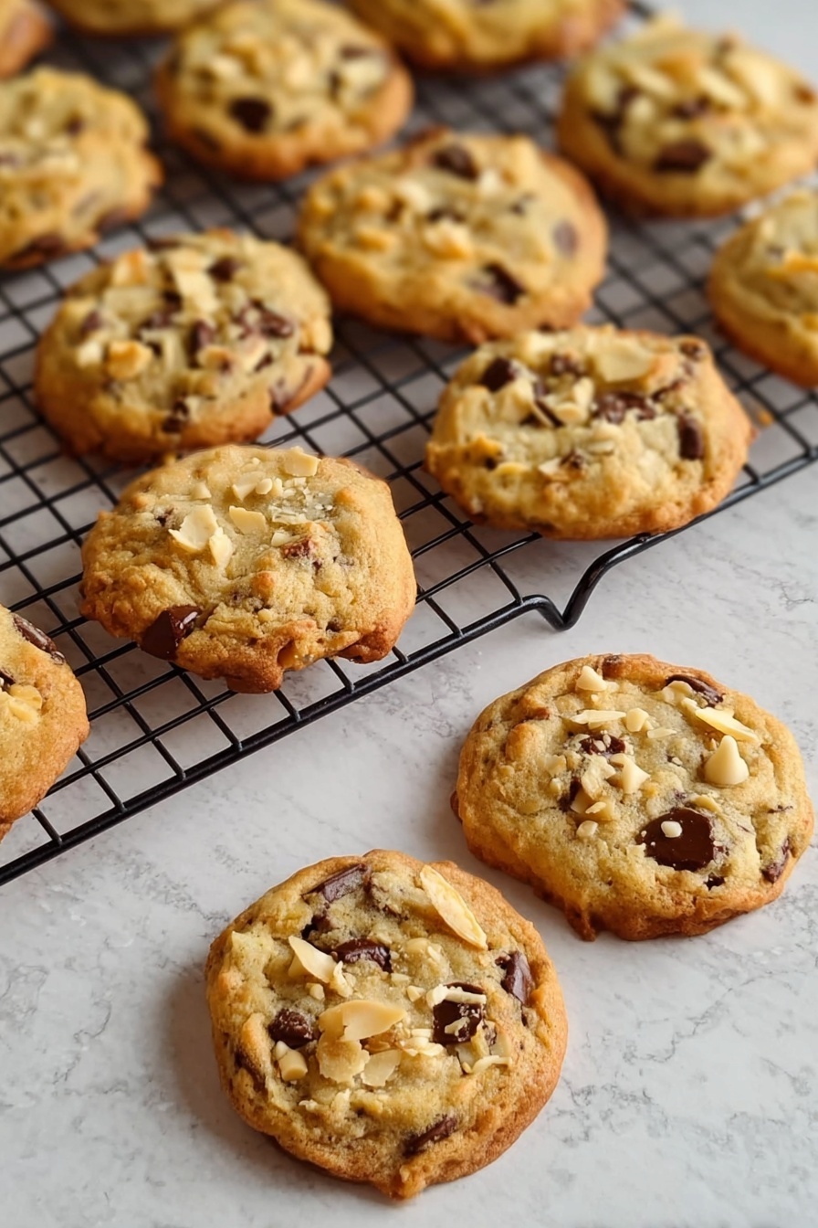 The image shows about a dozen golden brown cookies on a black metal cooling rack positioned over a white marbled surface, with two cookies resting directly on the surface in the front. Each cookie is round and slightly thick with a textured top, studded with dark chocolate chips and scattered with thin, light-colored potato chips that add a crunchy and uneven layer on top. The cookies have a soft, slightly uneven surface with visible melting chocolate and chip pieces, creating a rough contrast in texture between the smooth chips and the chunky dough. Photo taken with an iphone --ar 2:3 --v 7 - Potato Chip Cookies with Chocolate, salty sweet cookies, easy potato chip cookies, chocolate chip cookies with potato chips, unique cookie recipes