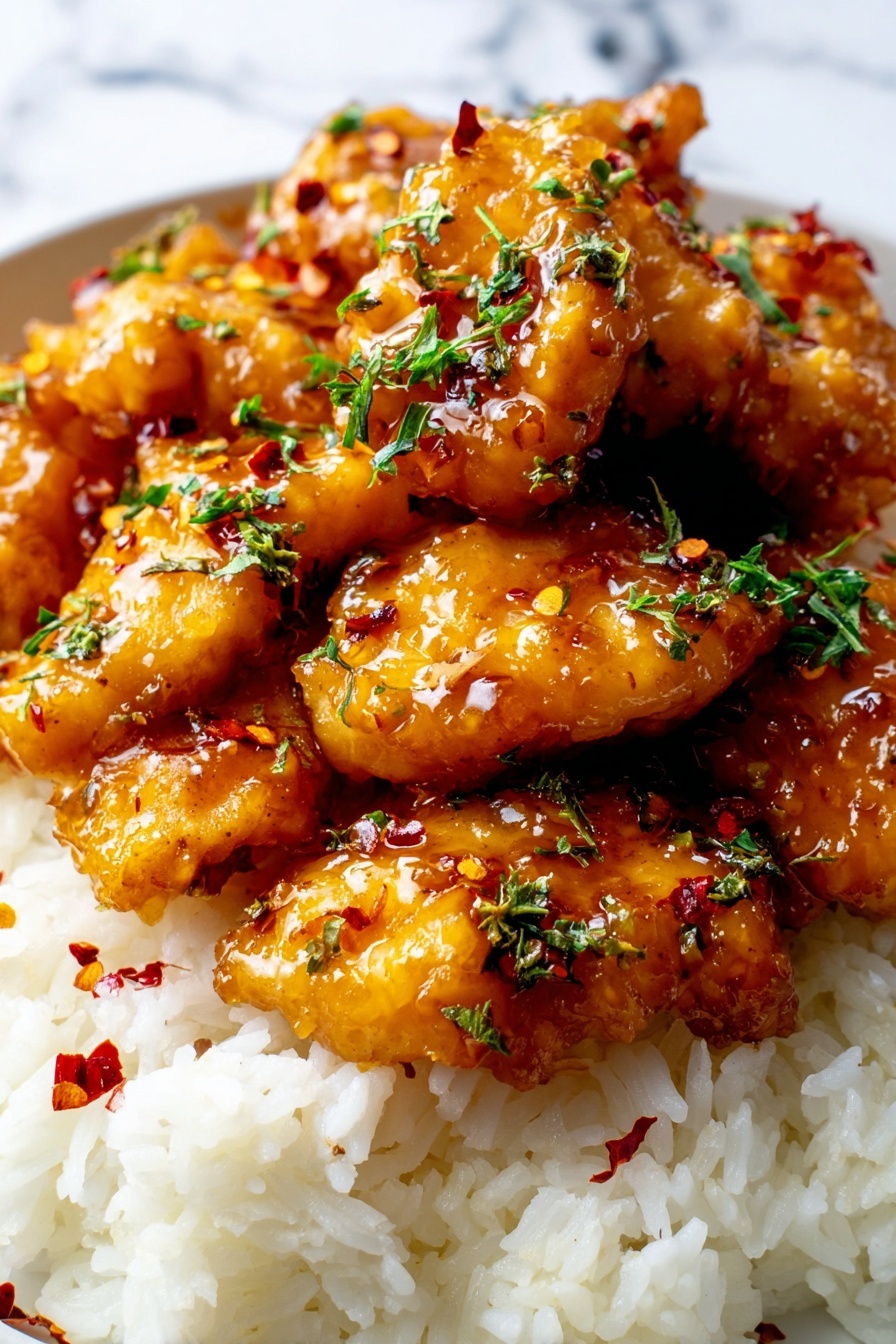 The image shows a close-up of a dish with two main layers. The bottom layer is white rice with soft, fluffy grains. On top, there are several pieces of golden-brown chicken coated in a shiny, sticky sauce that looks sweet and spicy. The chicken pieces are garnished with small green herb leaves and red chili flakes, adding color and texture. The dish is on a white plate, and the background has a white marbled texture. photo taken with an iphone --ar 2:3 --v 7 - Honey Garlic Chicken Stir-Fry, easy chicken stir-fry, quick chicken dinner, flavorful stir-fry recipes, Asian-inspired chicken dish