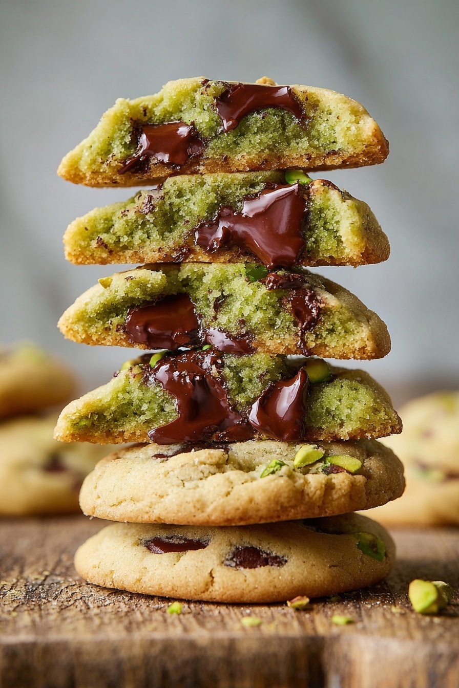A stack of five cookies is shown on a rough wooden surface with a white marbled background. Each cookie is broken in half horizontally, revealing a soft green inside filled with dark melted chocolate chunks. The cookie edges are light golden brown and slightly crispy, while the inside looks moist and tender. Small pieces of pistachio nuts are visible in the green dough. The cookies are stacked unevenly, giving a homemade and fresh feel. Photo taken with an iphone --ar 2:3 --v 7 - Pistachio Cream Chocolate Chip Cookies, pistachio cream stuffed cookies, chocolate chip cookie recipes with pistachio, green pistachio cookies, indulgent cookie recipes