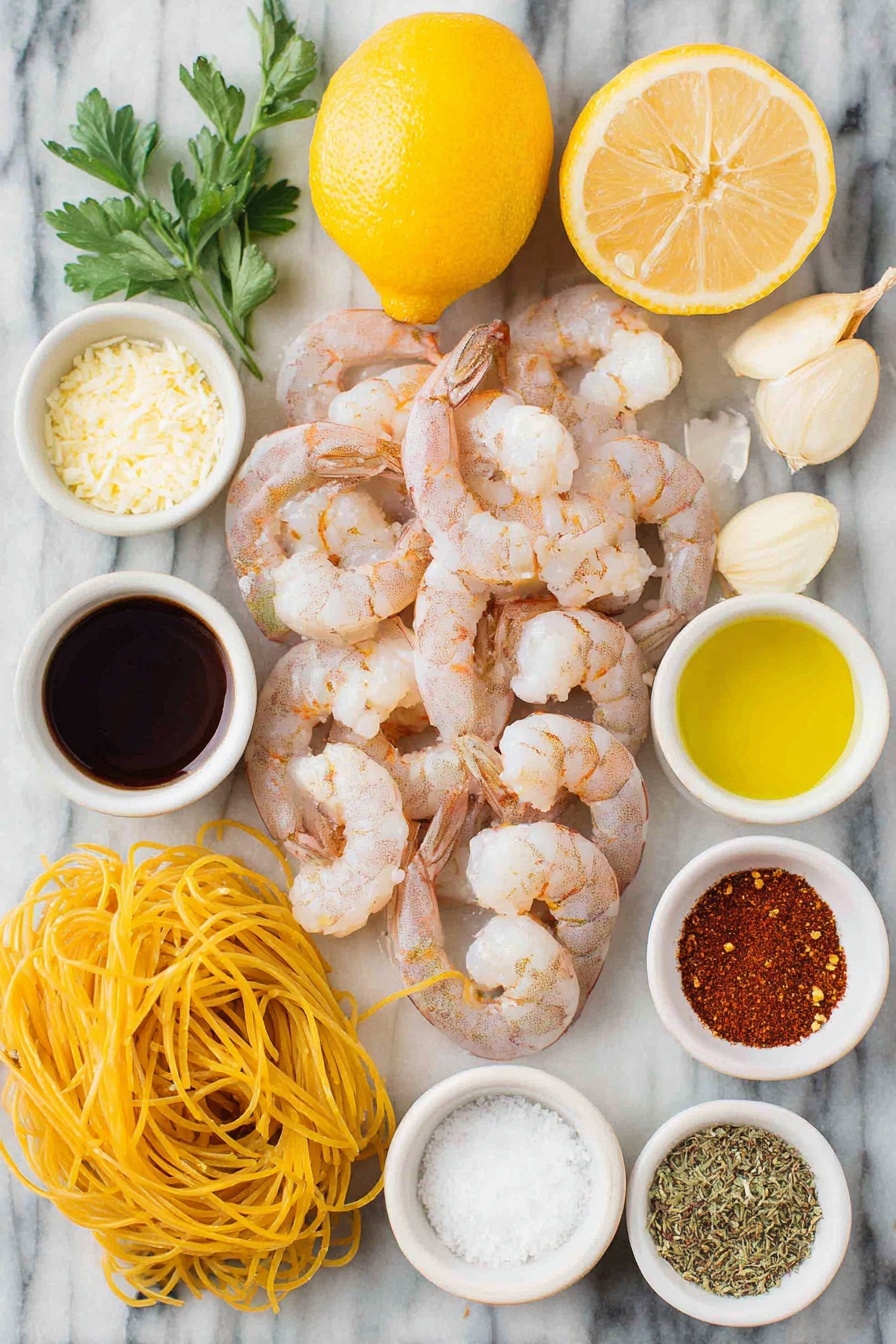 Flat lay of peeled and deveined raw shrimp with tails on, bright yellow whole lemon beside it with zest and juice visible, a small pile of uncooked spaghetti pasta strands, several whole uncracked brown garlic cloves, a large shallot halved and thinly sliced, a few fresh green parsley leaves, a small white bowl of extra virgin olive oil, a small white bowl of melted unsalted butter, a small white bowl of dry white wine, a small white bowl containing crushed red pepper flakes, a small white bowl of smoked paprika powder, a small white bowl of coarse salt, a small white bowl of freshly ground black pepper, and a small white bowl filled with grated parmesan cheese, all arranged symmetrically and balanced on a clean white marble surface, soft natural light, photo taken with an iPhone, professional food photography style, fresh ingredients, white ceramic bowls, no bottles, no duplicates, no utensils, no packaging --ar 2:3 --v 7 --p m7354615311229779997 - Baked Shrimp Scampi with Pasta, shrimp scampi baked dish, quick seafood pasta recipe, easy shrimp pasta dinner, garlicky baked shrimp and pasta