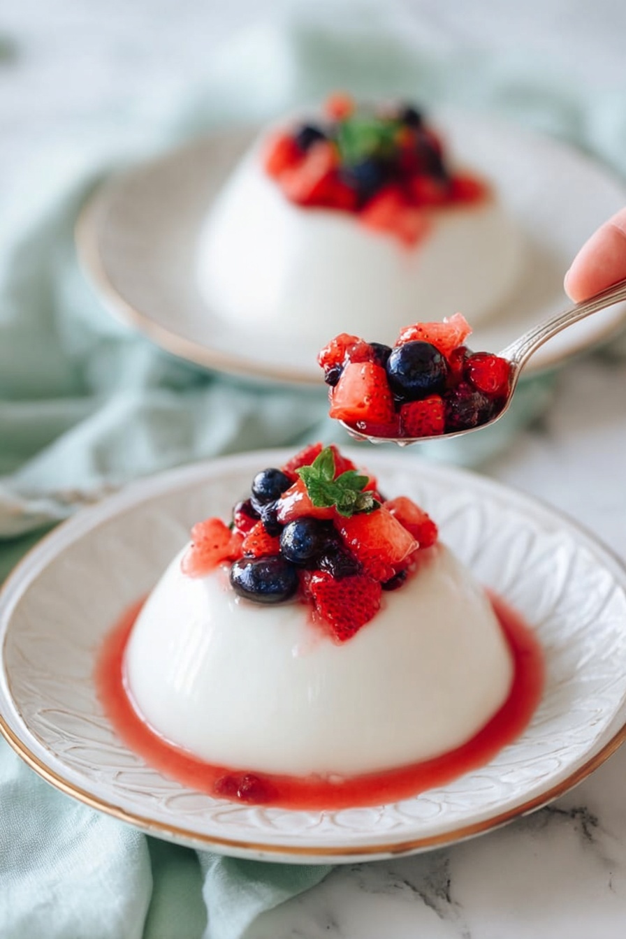 A white, smooth panna cotta dessert is served on a white plate with a gold rim. On top, there is a layer of small red fruit pieces and a single dark blue berry on the side. The red fruit juice lightly spills around the base of the panna cotta, creating a soft red ring on the plate. A silver spoon rests gently on the panna cotta, pressing slightly into its soft texture. The background features a slightly blurred second serving of the dessert with similar toppings, all set on a white marbled surface. photo taken with an iphone --ar 2:3 --v 7 - Greek Yogurt Panna Cotta with Thyme Berries, Greek yogurt dessert, easy panna cotta recipes, berry and thyme dessert, light summer desserts