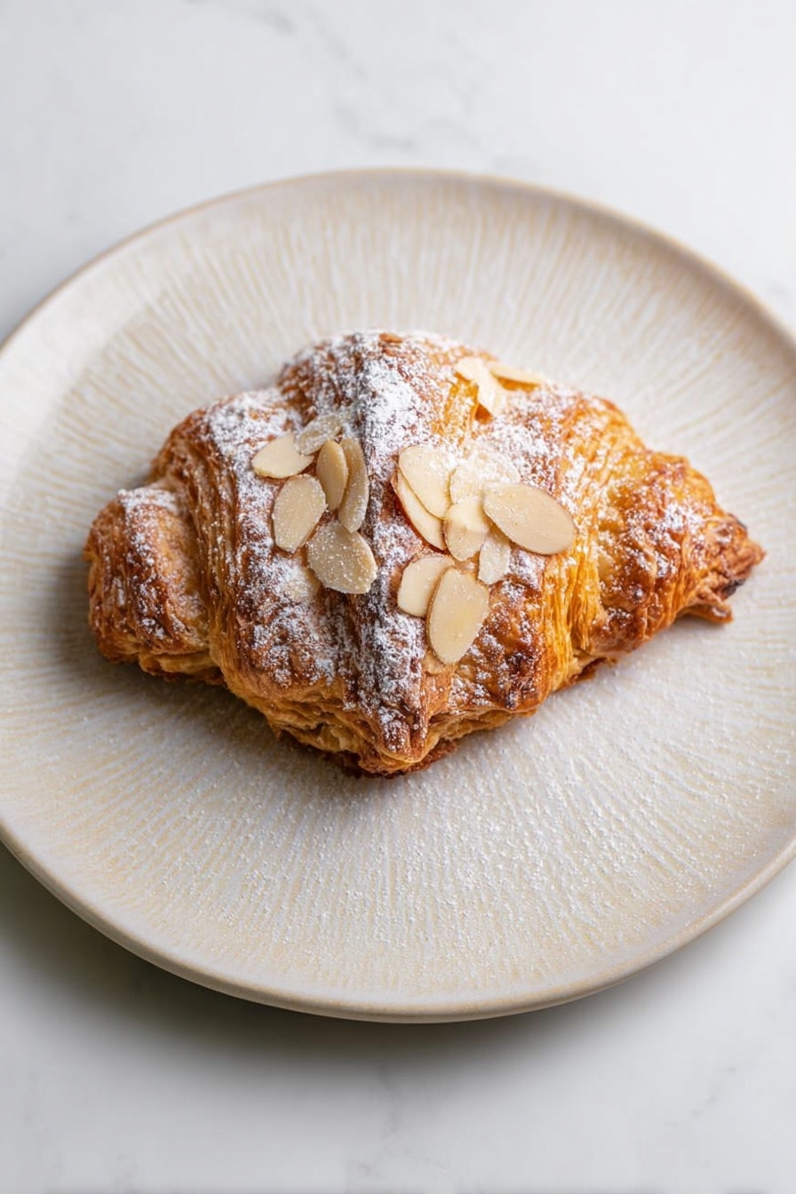 A single almond croissant sits in the center of a large white plate with a subtle textured pattern. The croissant has a golden-brown color with a flaky, crispy outer layer sprinkled generously with thin, light beige almond slices and dusted lightly with powdered sugar. The shape is slightly curved and puffed, showing visible layers of airy dough. The background surface is white marble, giving a clean and bright look to the image. photo taken with an iphone --ar 2:3 --v 7 - Twice Baked Almond Croissants, almond croissants, how to make almond croissants, breakfast croissant recipes, decadent croissant desserts
