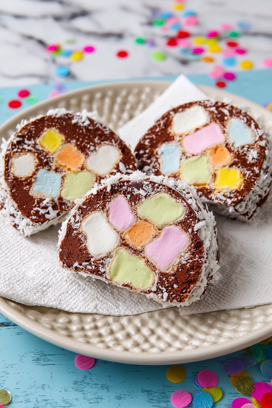 Three round slices of a dessert are placed on a white plate with a textured rim, lined with a white napkin. Each slice has a rich brown chocolate layer filled with large pieces of pastel-colored marshmallows in white, yellow, pink, and green, scattered unevenly inside. The edges of the slices are coated with shredded white coconut. The plate is on a white marbled surface with small round colorful confetti pieces scattered around. Photo taken with an iphone --ar 2:3 --v 7 - Easy Kiwi Lolly Cake, Kiwi lolly cake recipe, Kiwi dessert, No-bake Kiwi cake, Simple Kiwi treat