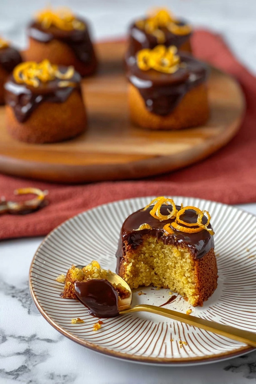The image shows small round cakes with a dark brown chocolate layer on top, decorated with thin orange peel curls. Each cake has a golden-yellow textured base, and the chocolate topping is smooth and shiny, dripping slightly over the edges. One cake is placed on a white plate with a curved line pattern and has a piece cut out, showing its crumbly texture inside. A golden spoon rests on the plate, scooping a piece of the cake. In the background, more cakes sit on a wooden board with a reddish cloth underneath, all against a white marbled surface. photo taken with an iphone --ar 2:3 --v 7 - Orange Almond Jaffa Cake Bites, citrus snack recipes, no-bake mini cakes, almond and orange treats, chocolate orange finger food