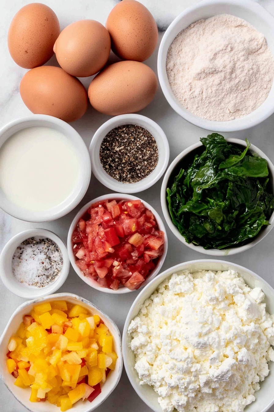 Flat lay of eight whole uncracked brown eggs, a small white ceramic bowl of whole milk, a small white ceramic bowl of coarse salt, a small white ceramic bowl of freshly ground black pepper, a small white ceramic bowl of onion powder, a small white ceramic bowl of garlic powder, a small white ceramic bowl filled with finely chopped red, yellow, and green bell peppers, a small white ceramic bowl of finely chopped ripe red tomatoes, a small white ceramic bowl of finely chopped fresh dark green spinach leaves, and a small white ceramic bowl of crumbled white feta cheese, all arranged in perfect symmetry on a clean white marble surface, soft natural light, photo taken with an iPhone, professional food photography style, fresh ingredients, white ceramic bowls, no bottles, no duplicates, no utensils, no packaging --ar 2:3 --v 7 --p m7354615311229779997 - Healthy Breakfast Egg Muffins, nutritious breakfast muffins, easy egg muffin recipe, protein breakfast bites, veggie egg cups