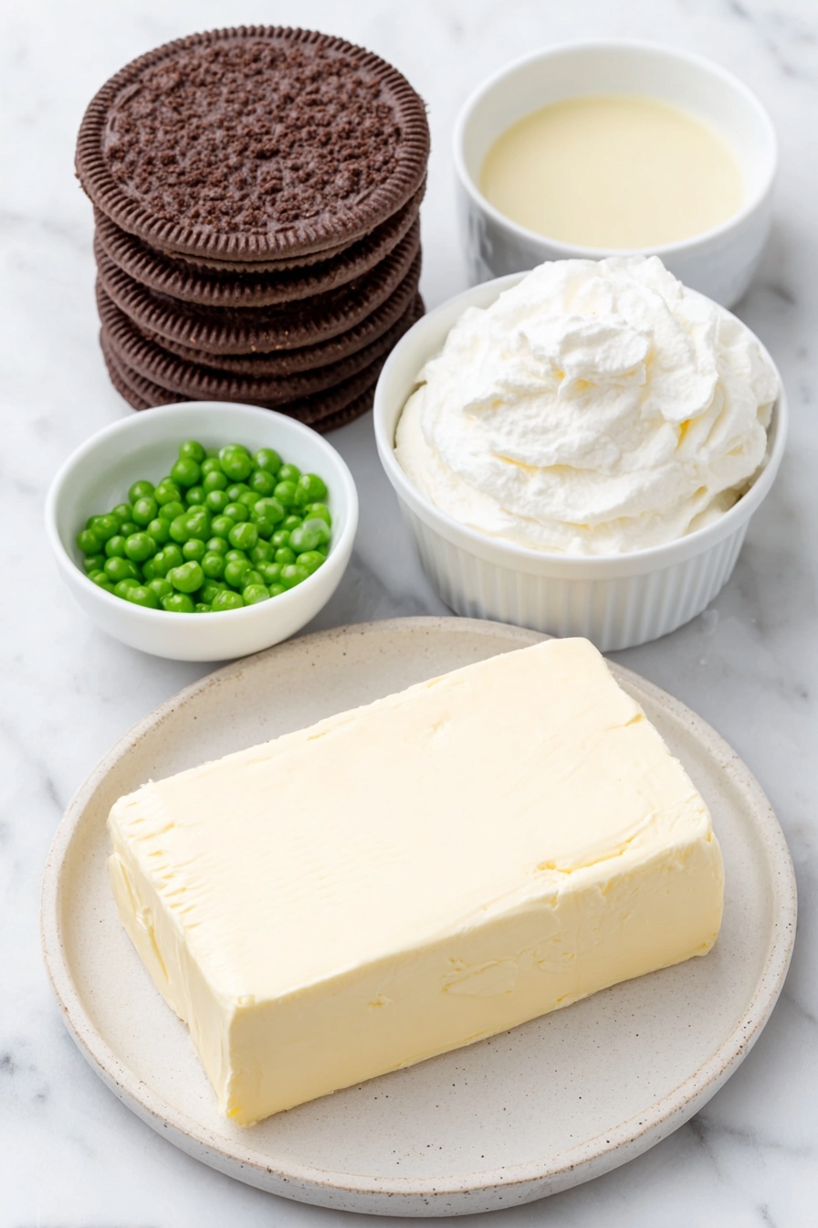Flat lay of a soft block of cream cheese on a simple white ceramic plate, a small white bowl filled with thick sweetened condensed milk, a few drops of bright green food coloring arranged artfully on the side, a neat stack of glossy chocolate-covered mint cookies, another small white bowl holding fluffy white whipped topping, and a round chocolate crumb pie crust in simple white ceramic dish, all placed on a clean white marble surface, soft natural light, photo taken with an iPhone, professional food photography style, fresh ingredients, white ceramic bowls, no bottles, no duplicates, no utensils, no packaging --ar 2:3 --v 7 --p m7354615311229779997 - Mint Chocolate Grasshopper Pie, mint chocolate pie, no-bake mint dessert, chocolate mint pie recipe, easy mint chocolate dessert